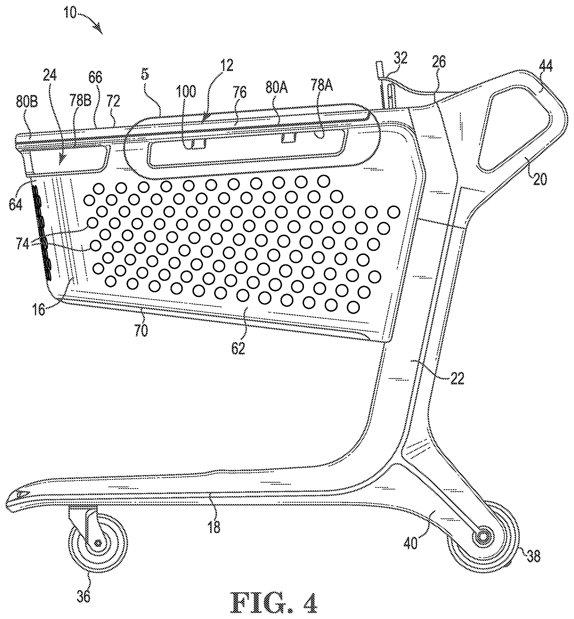 Patent US12479489 Figure 4 – Shopping cart with bag support system