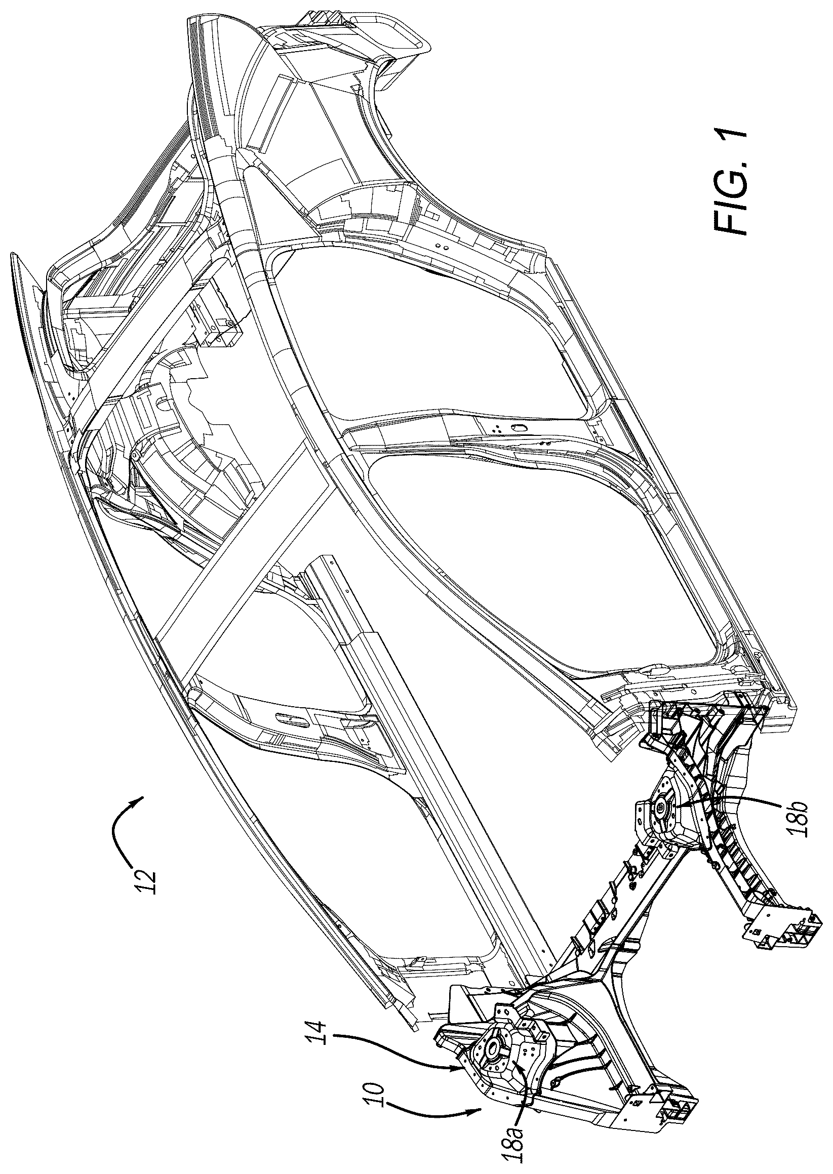 Patent US12479513 Figure 1 – Vehicle structural assembly having strut caps