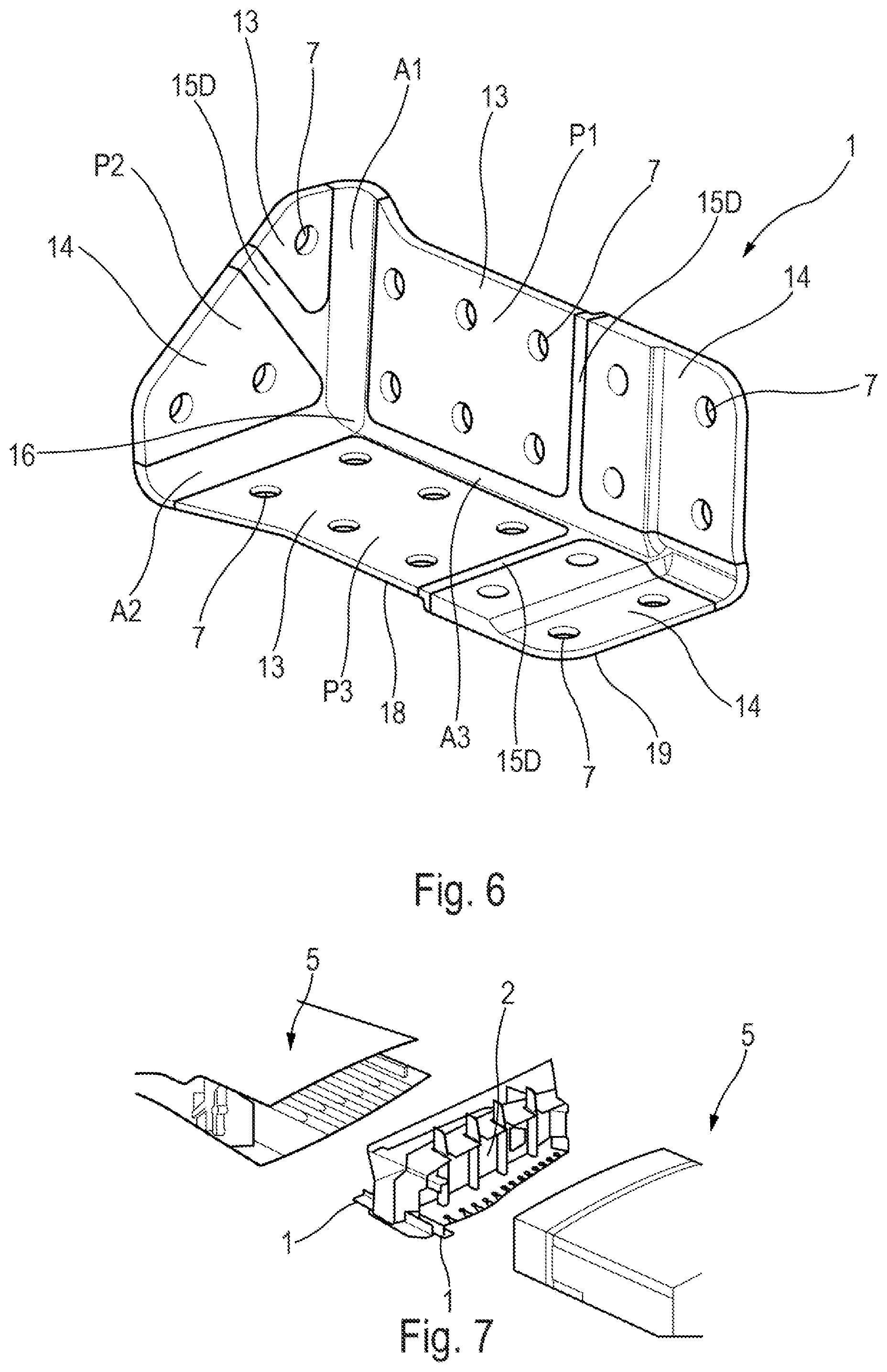 Patent US12479562 Figure 3 – Flexible corner fitting intended to contribute to a connection between at least three walls of at least one aircraft box structure