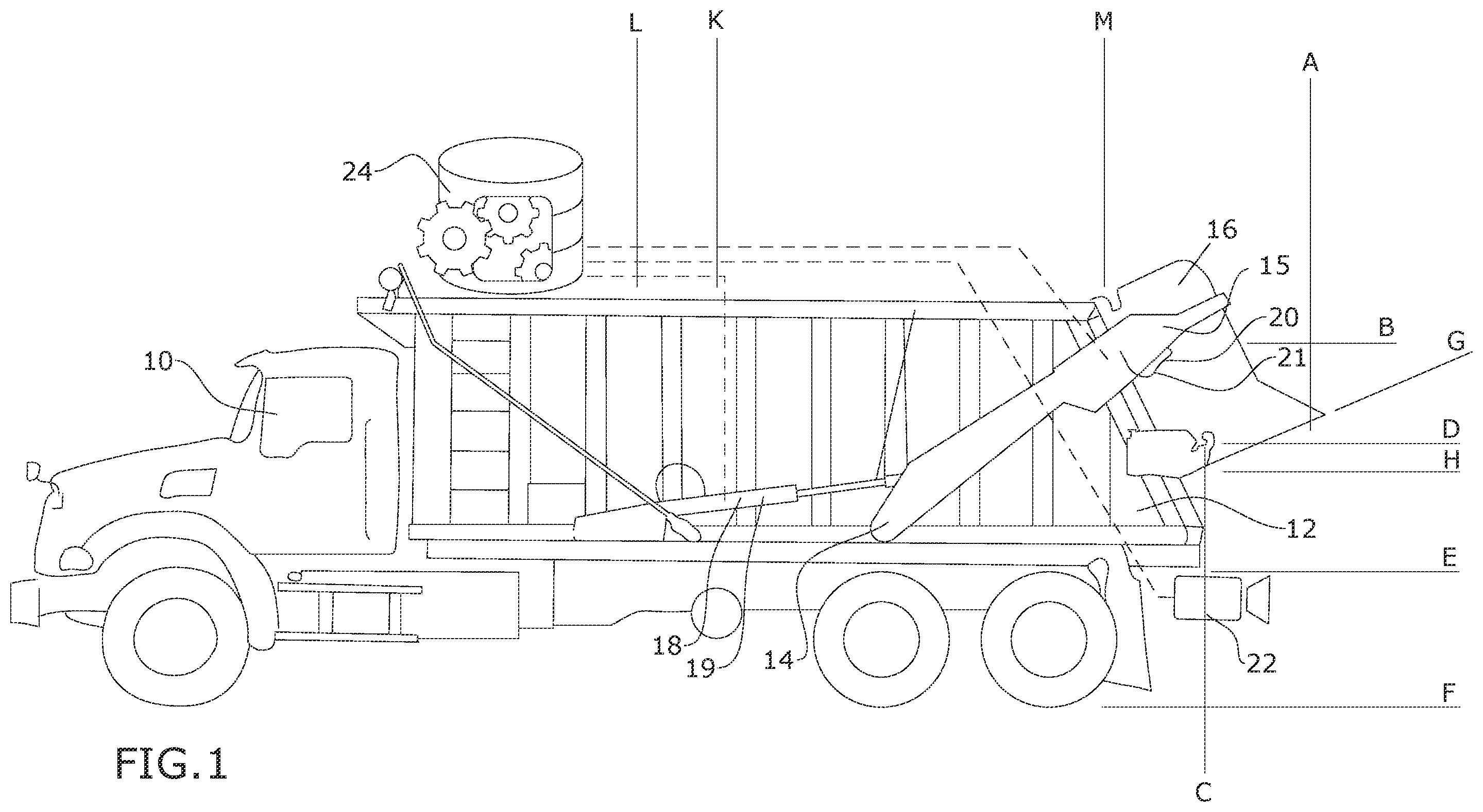 Patent US12479657 Figure 1 – System and device for automation and safety for a vehicle or trailer with lift arms