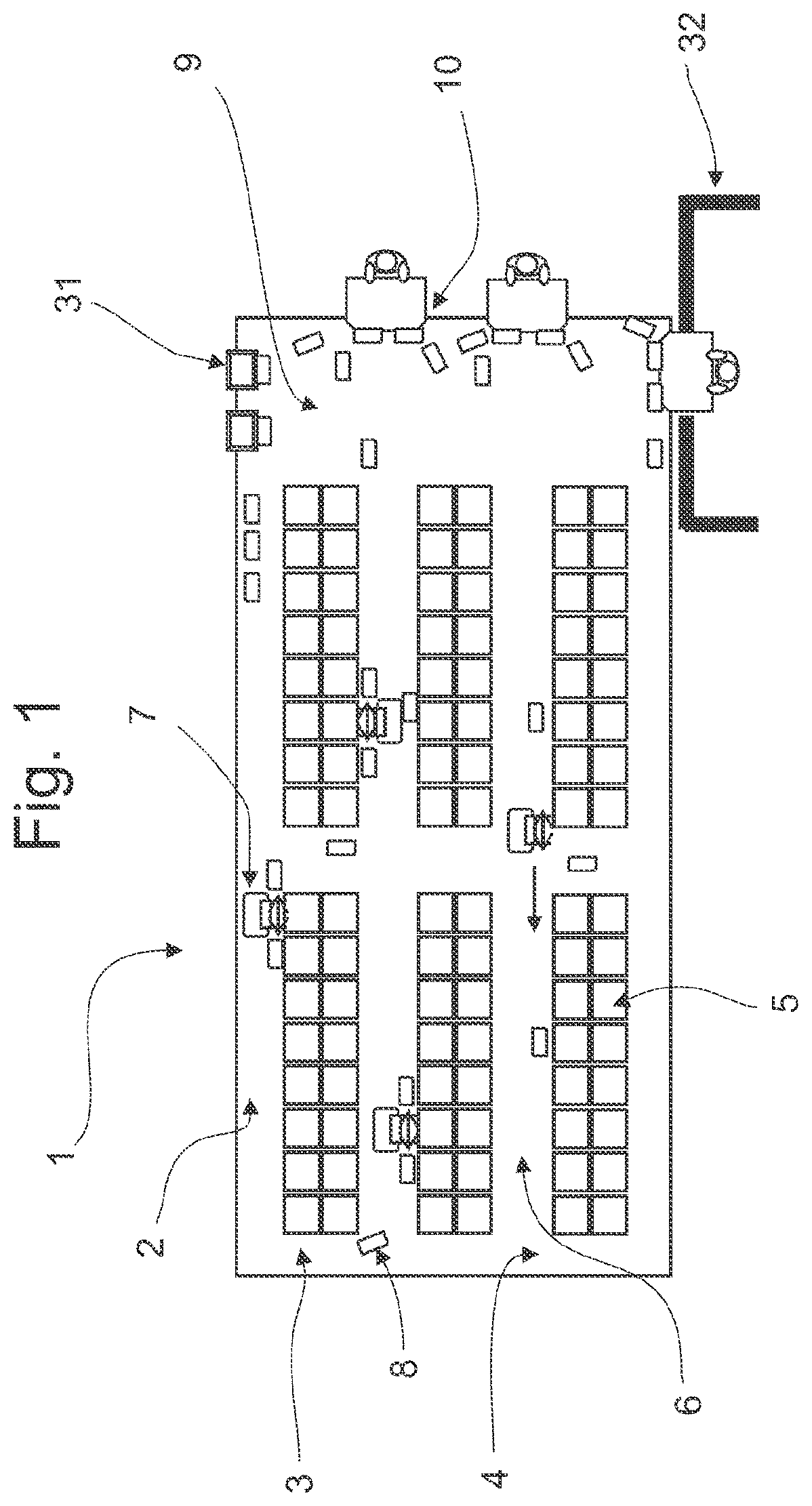 Patent US12479658 Figure 1 – Goods-storage and order-fulfillment system