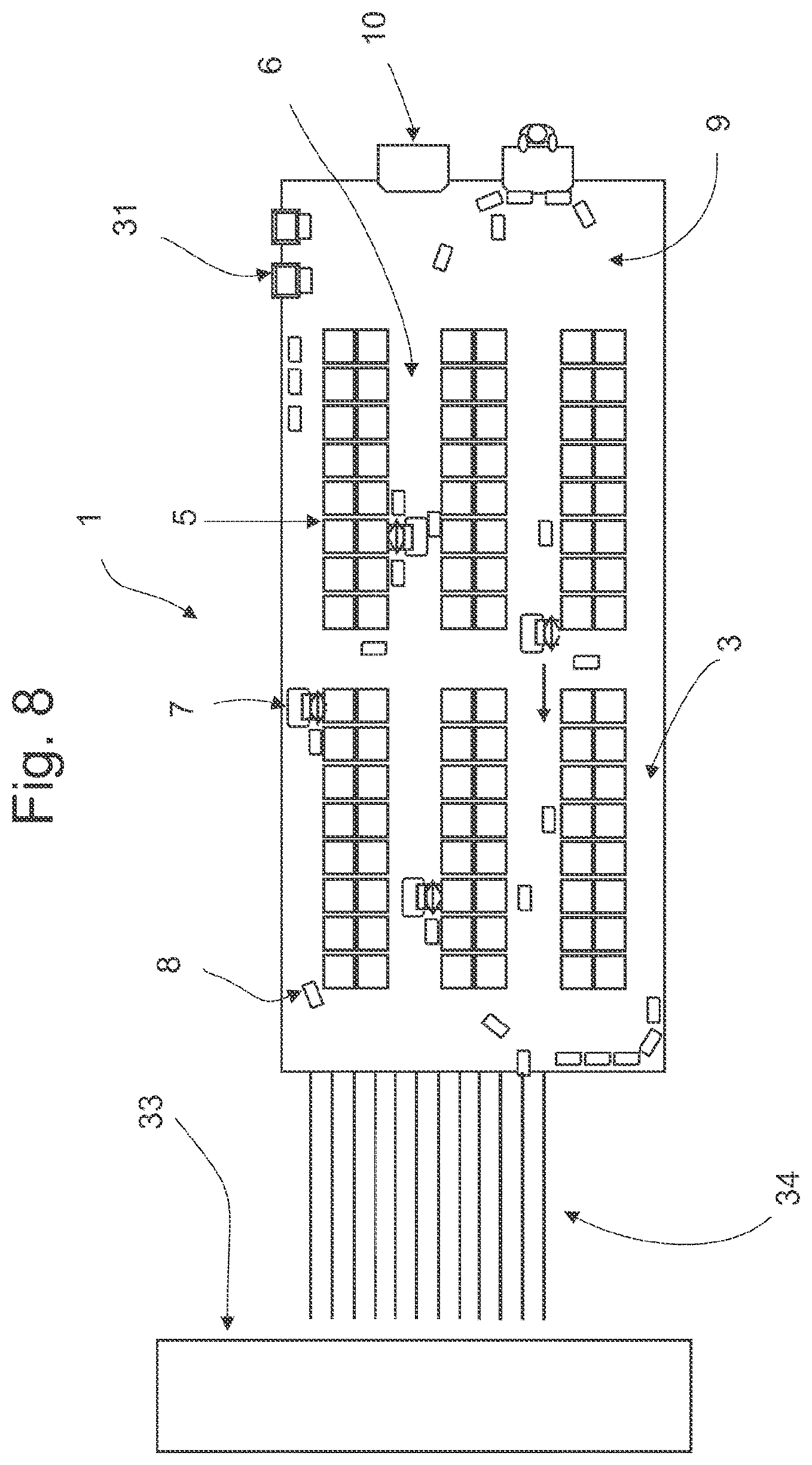Patent US12479658 Figure 8 – Goods-storage and order-fulfillment system