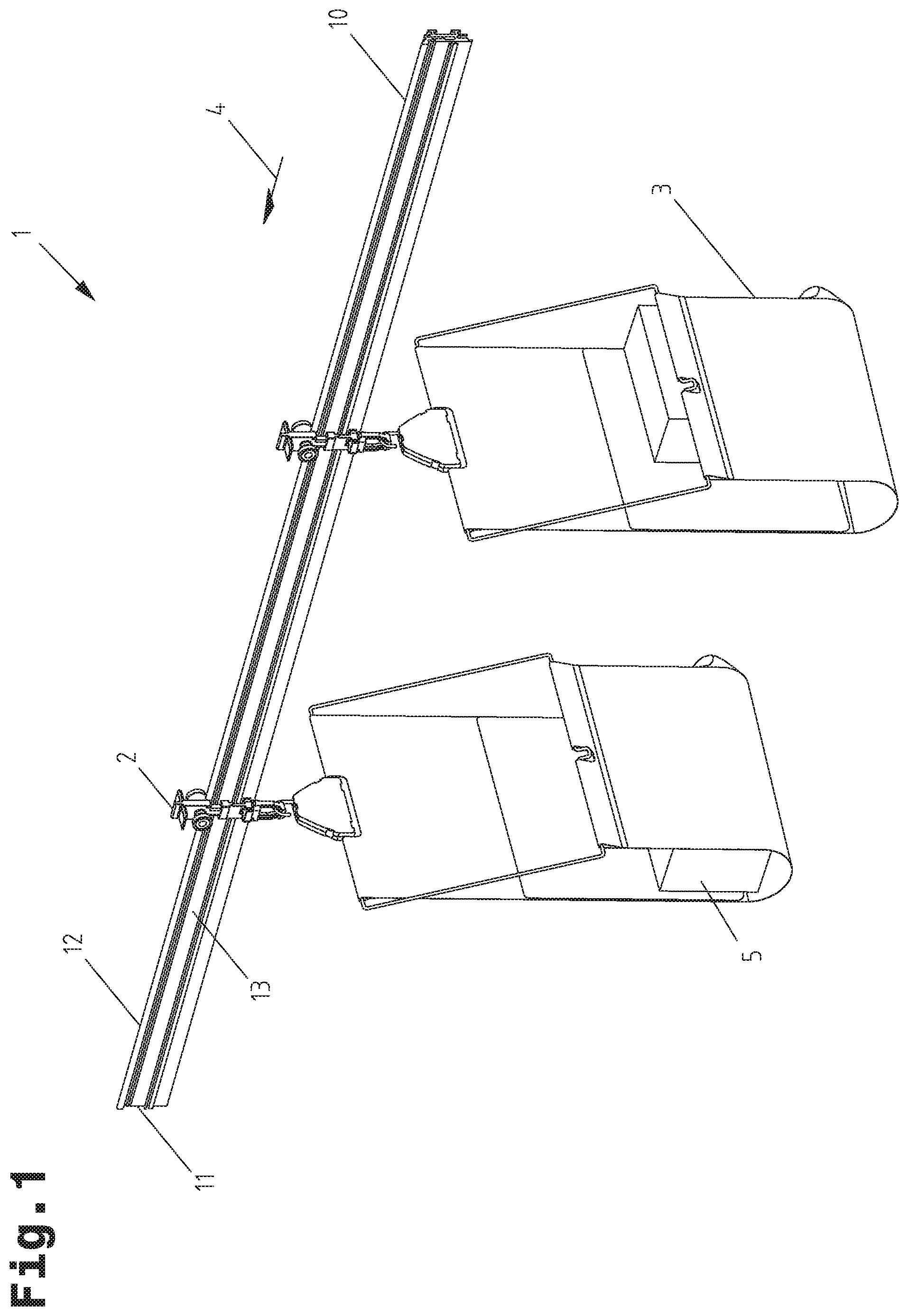 Patent US12479666 Figure 1 – Transport carrier system and overhead conveyor device comprising transport carriers for transporting suspended goods