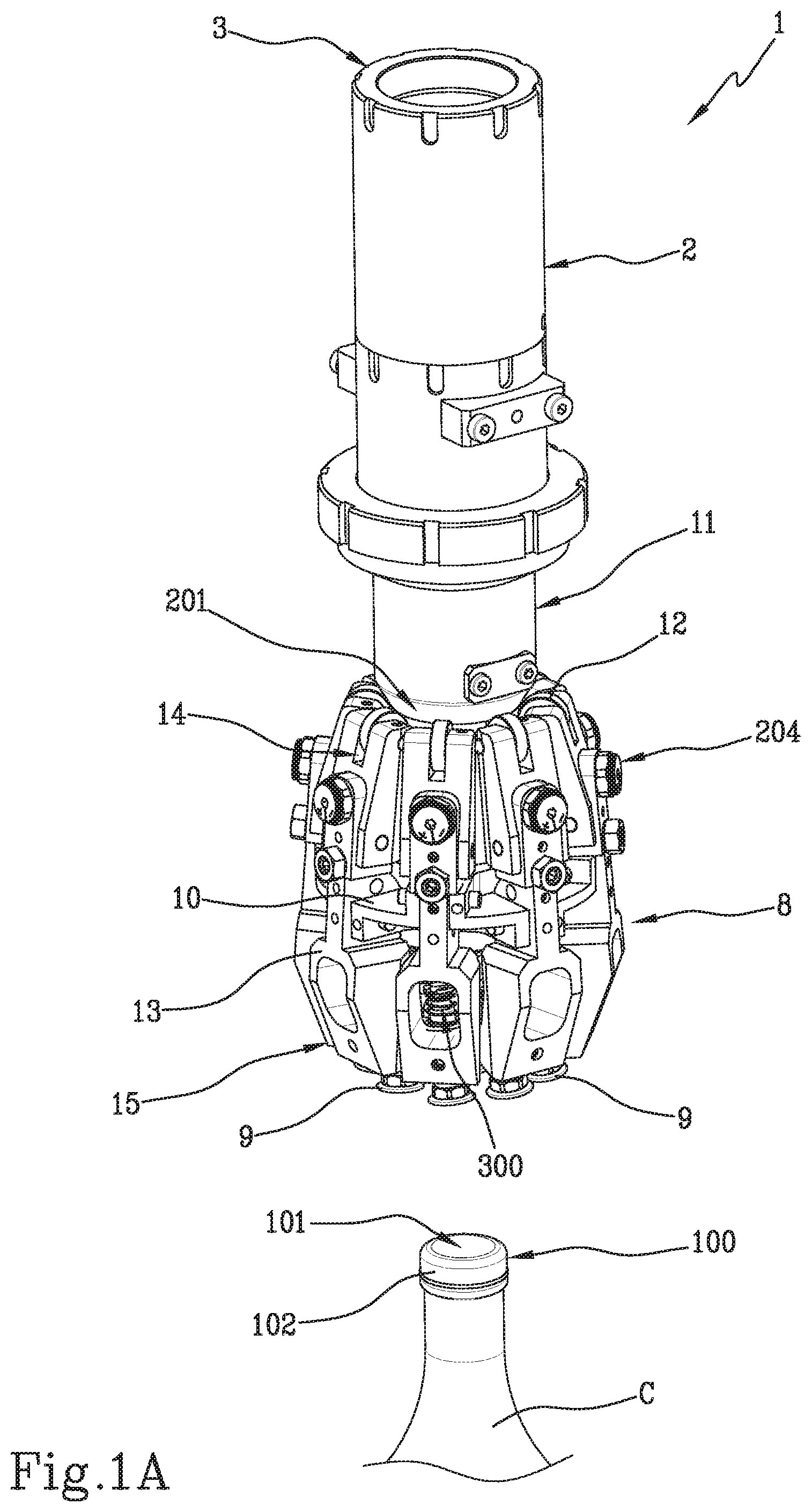 Patent US12479710 Figure 1 – Capping head for a capping machine, capping method and cap