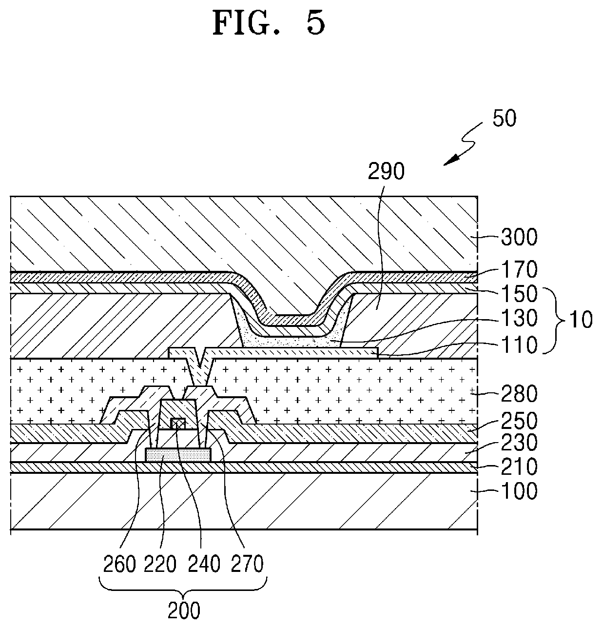 Patent US12480039 Figure 5 – Light-emitting device having improved luminescence efficiency and lifespan and an electronic apparatus including the light-emitting device