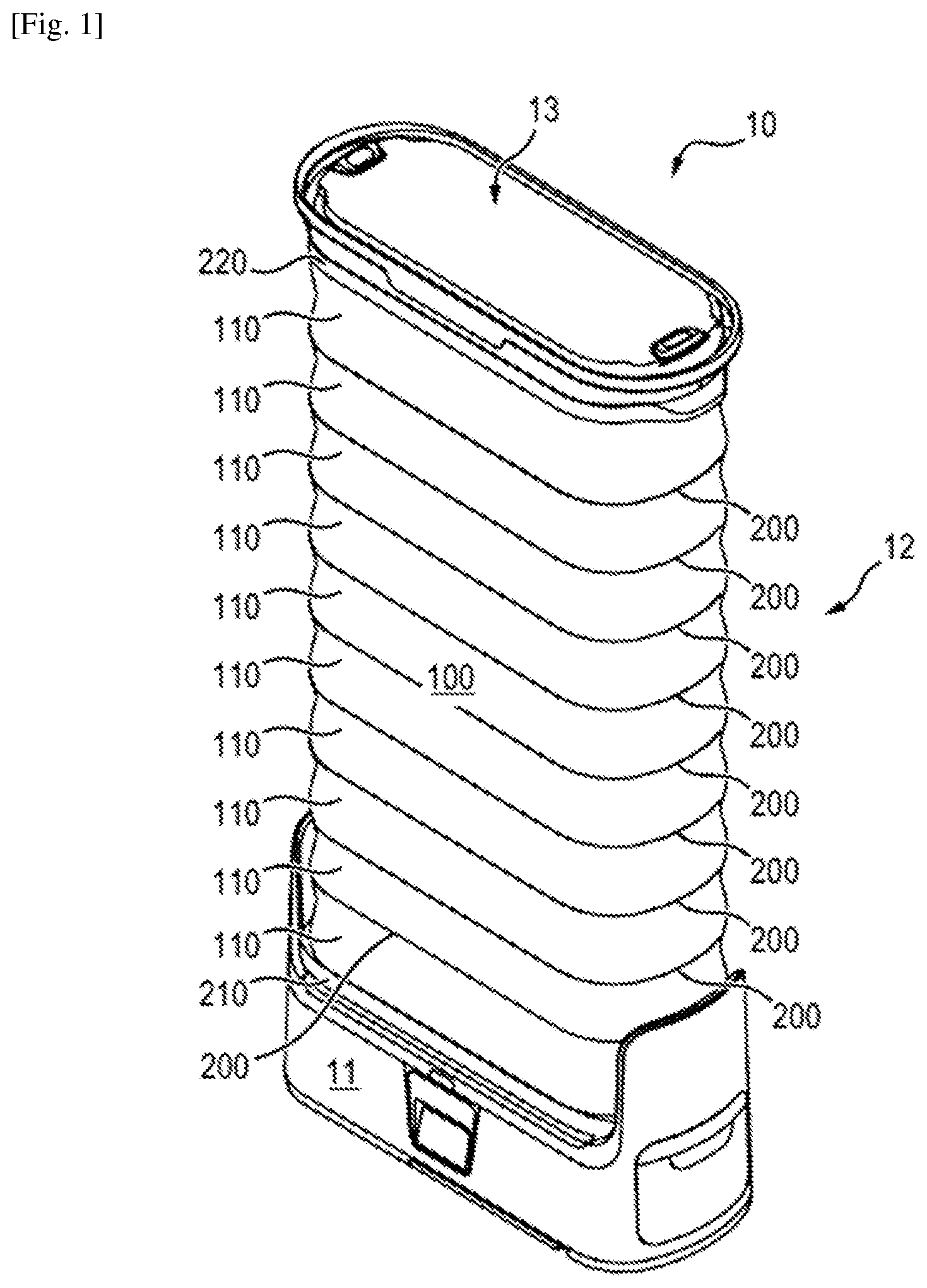 Patent US12480250 Figure 1 – Collapsible crease-smoothing cabinet comprising a curtain with a textile wall and a frame