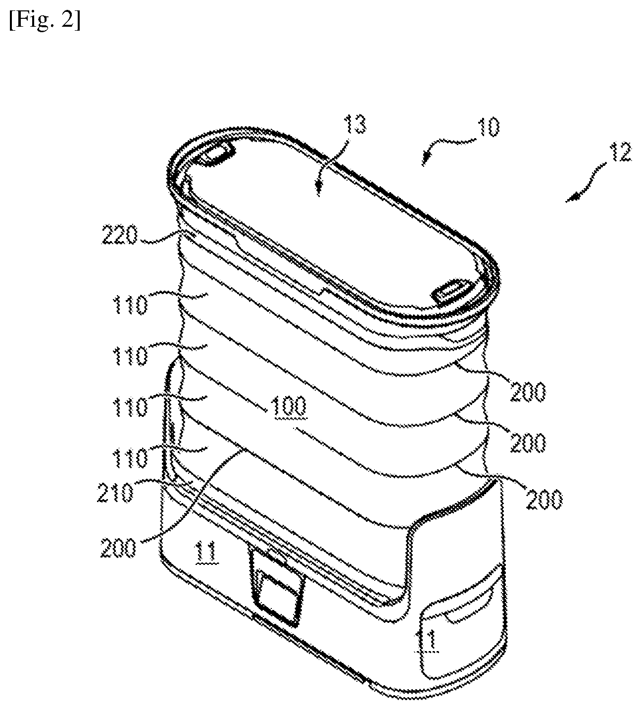 Patent US12480250 Figure 2 – Collapsible crease-smoothing cabinet comprising a curtain with a textile wall and a frame