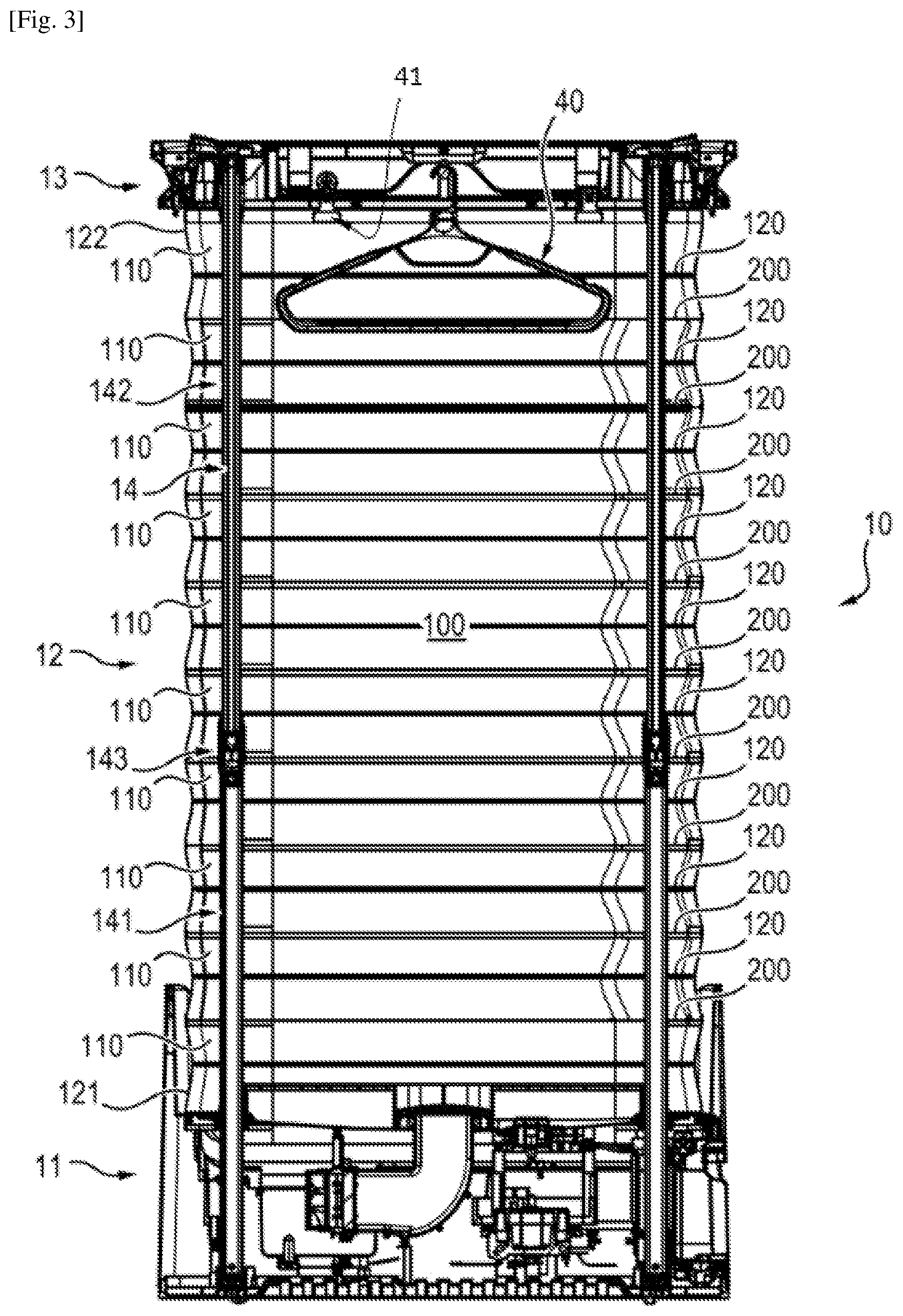 Patent US12480250 Figure 3 – Collapsible crease-smoothing cabinet comprising a curtain with a textile wall and a frame