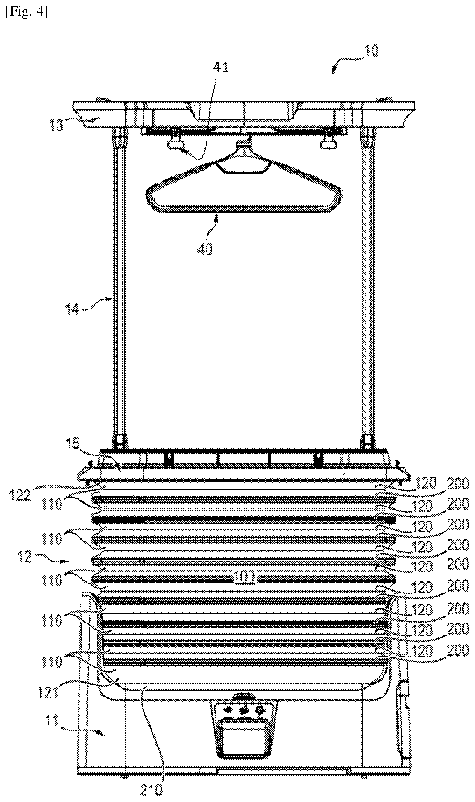 Patent US12480250 Figure 4 – Collapsible crease-smoothing cabinet comprising a curtain with a textile wall and a frame