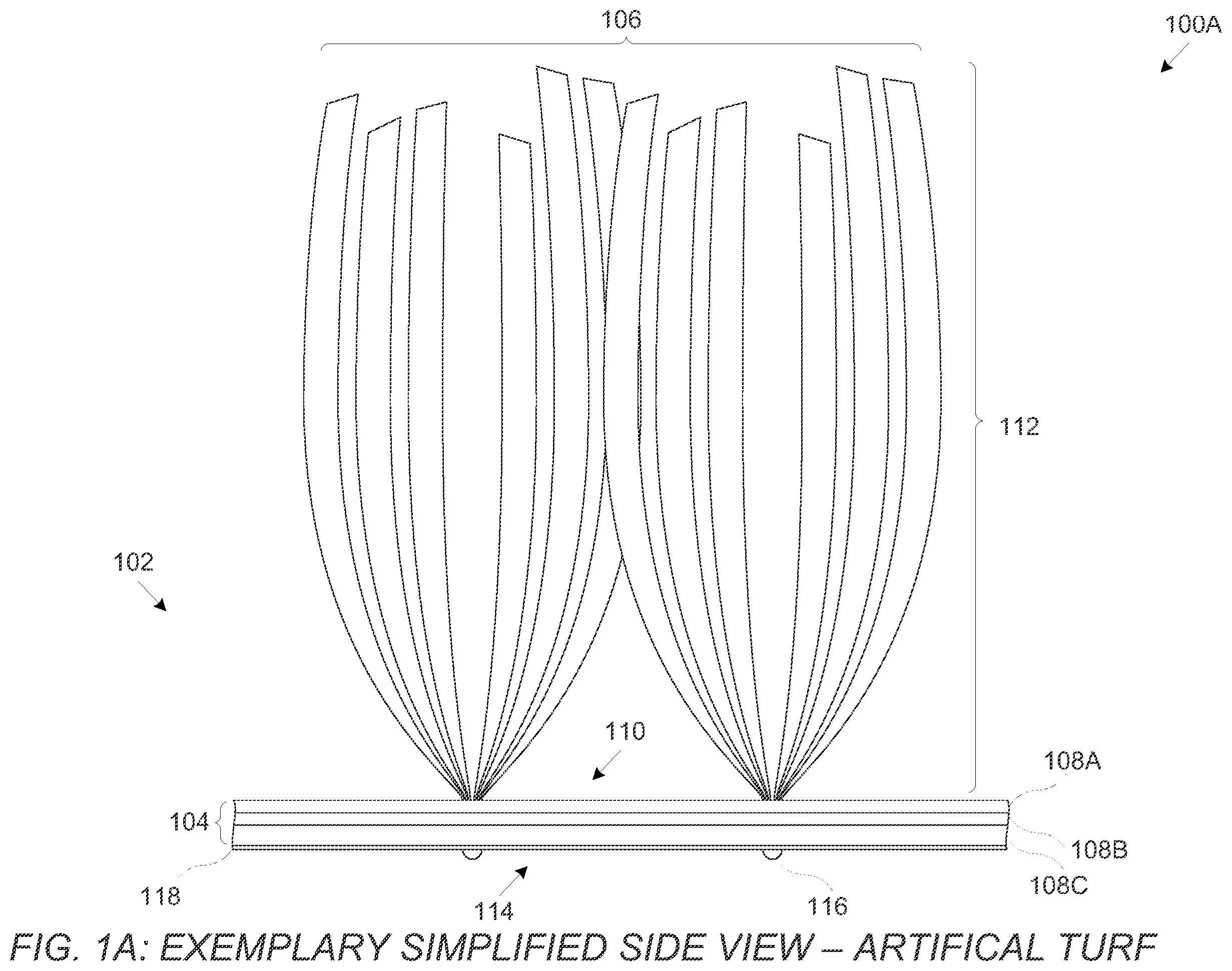 Patent US12480262 Figure 1 – Non-perforated artificial turf with porous backing and methods of manufacture thereof