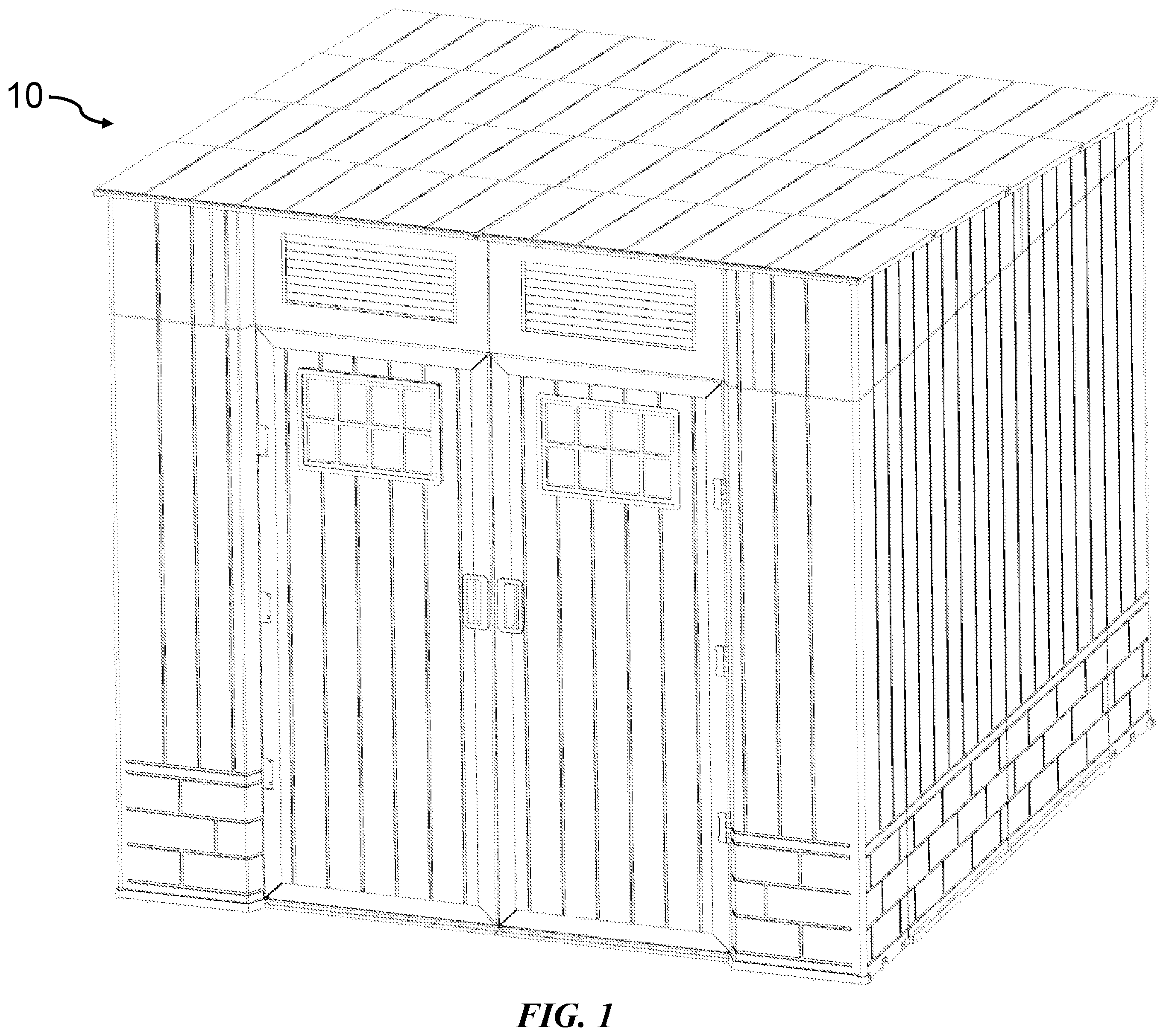 Patent US12480303 Figure 1 – Storage shed structure