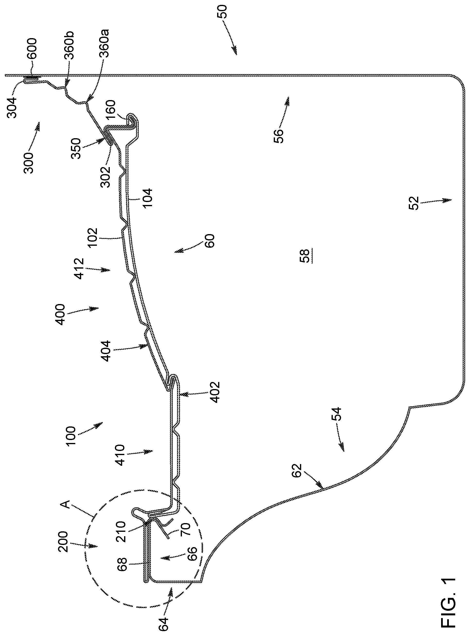 Patent US12480310 Figure 1 – Gutter assembly and cover