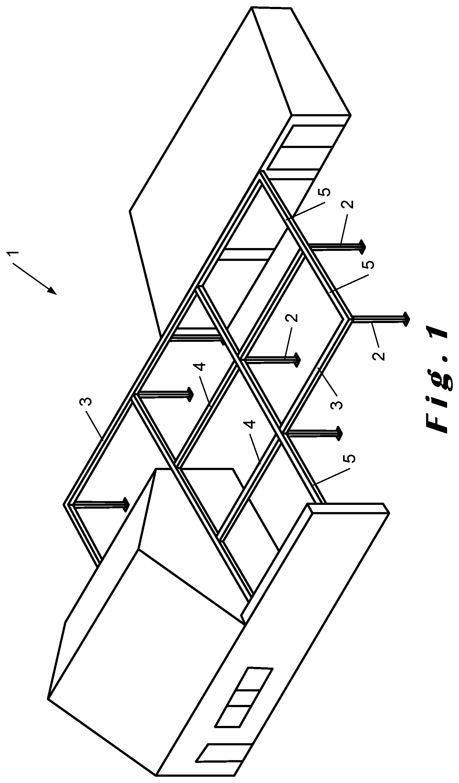 Patent US12480311 Figure 1 – Roof construction for a canopy, kit of parts for assembling the roof construction, and method for placing a ledstrip in the roof construction