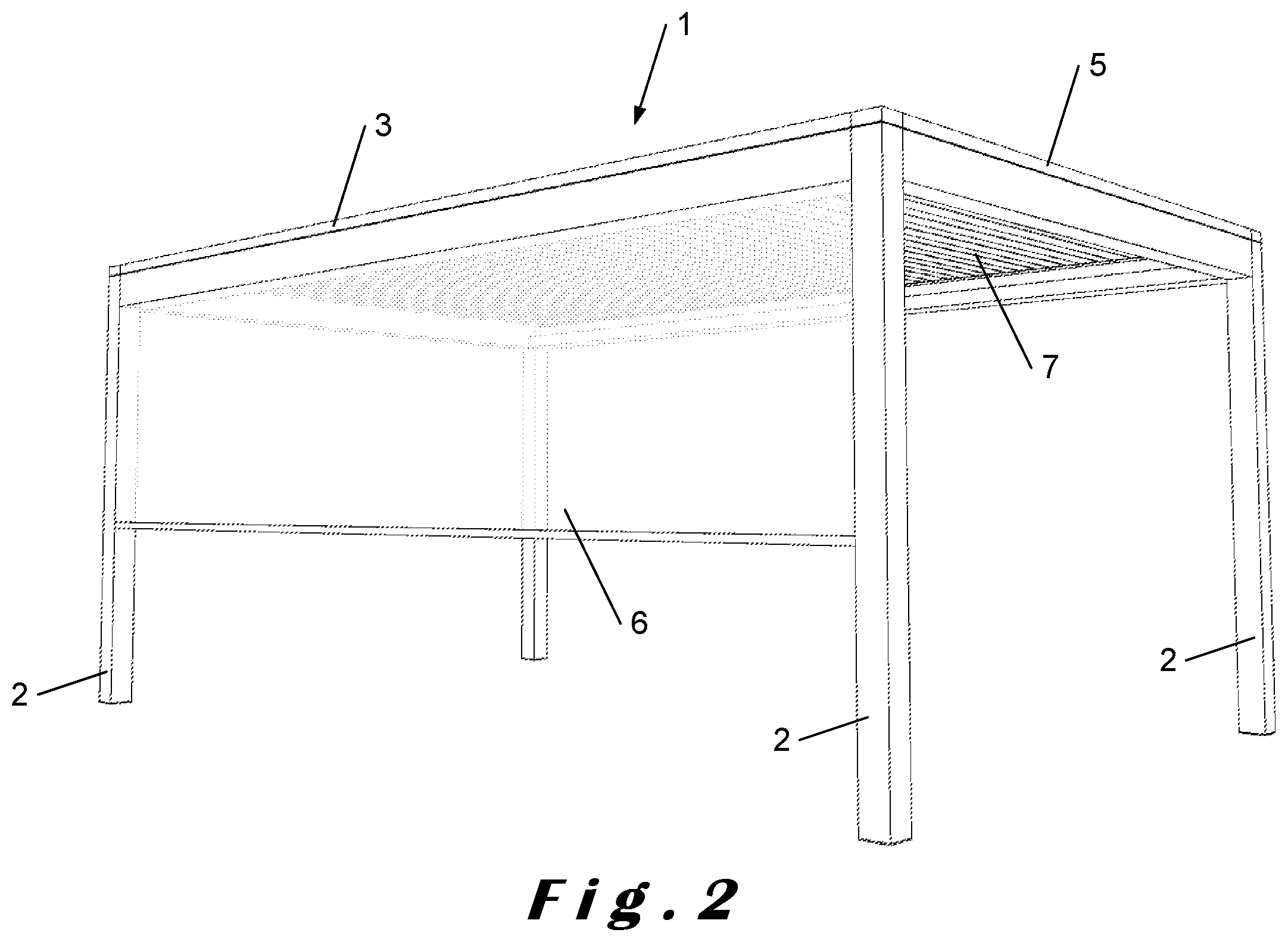 Patent US12480311 Figure 2 – Roof construction for a canopy, kit of parts for assembling the roof construction, and method for placing a ledstrip in the roof construction