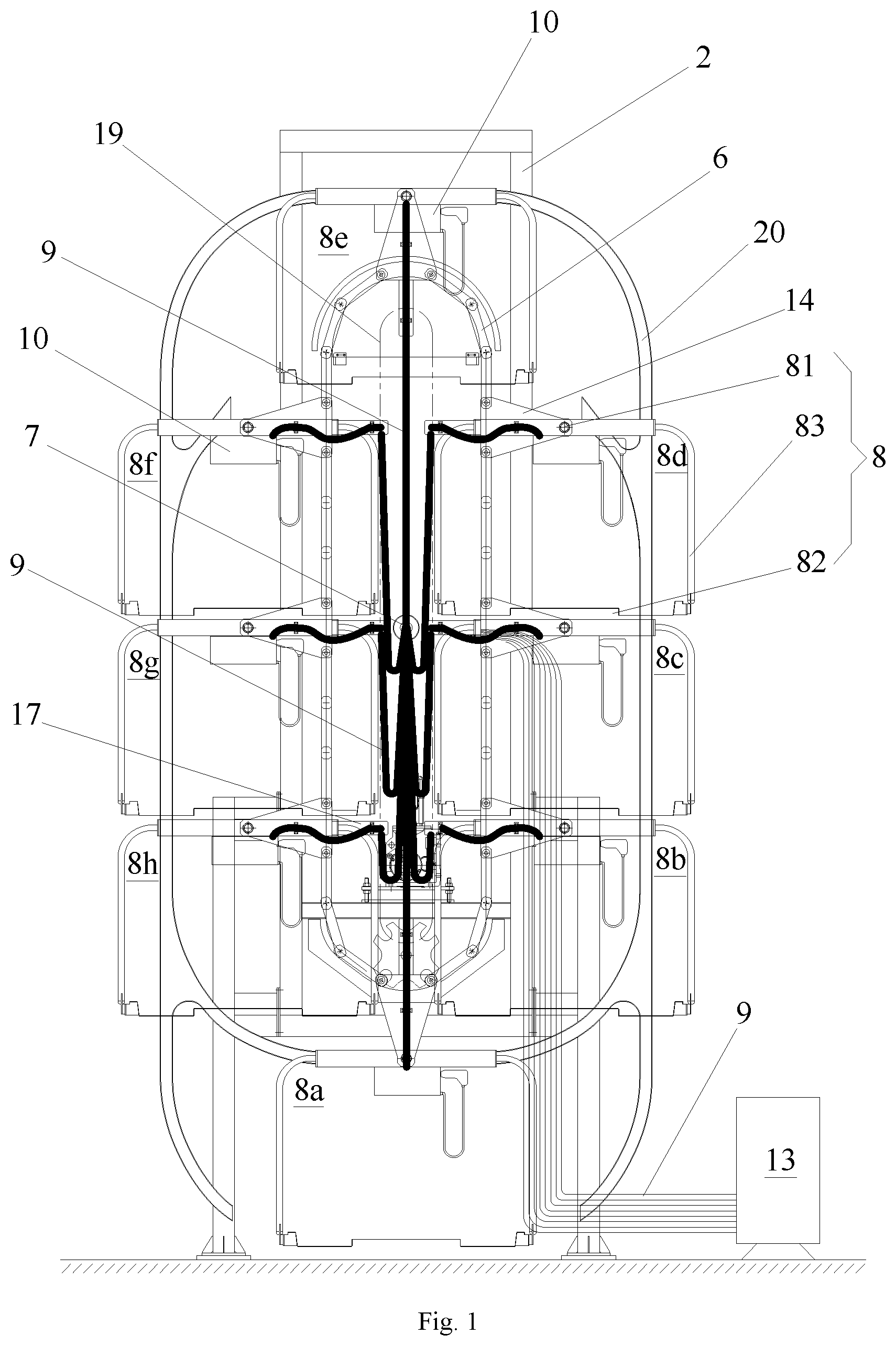 Patent US12480326 Figure 1 – Vertical circulating stereo garage