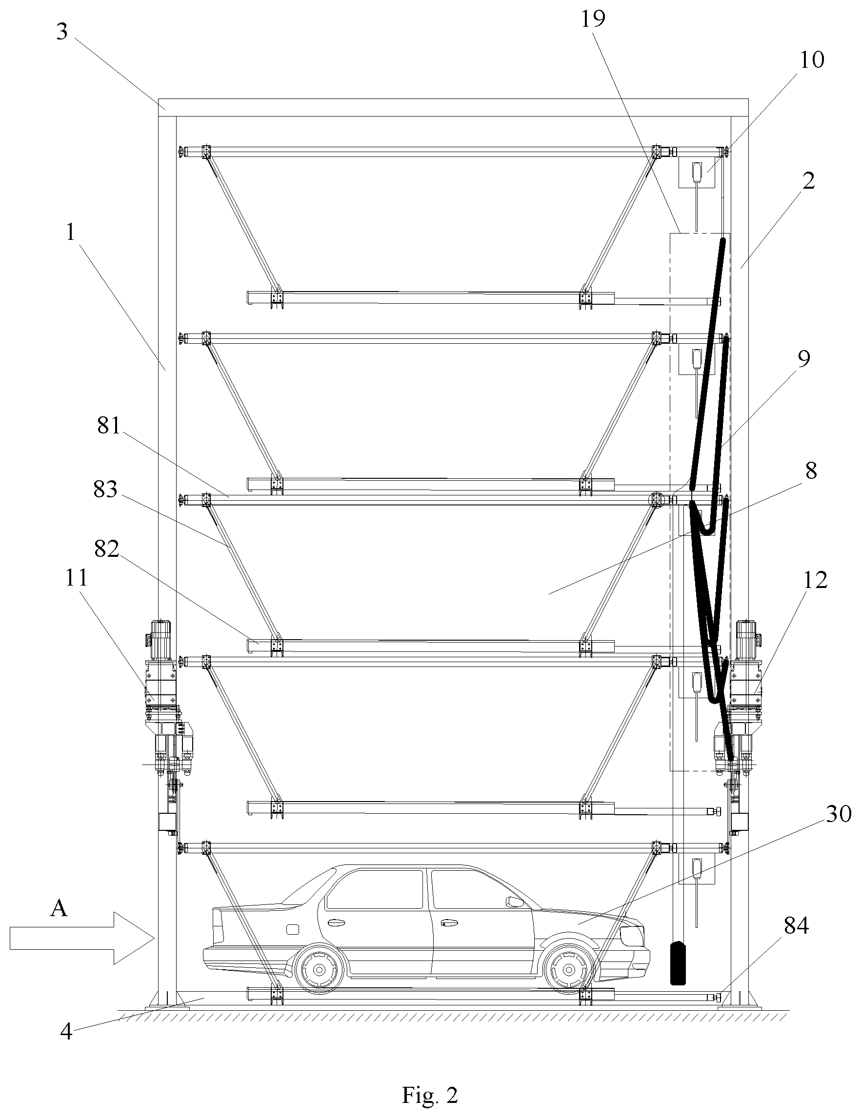 Patent US12480326 Figure 2 – Vertical circulating stereo garage