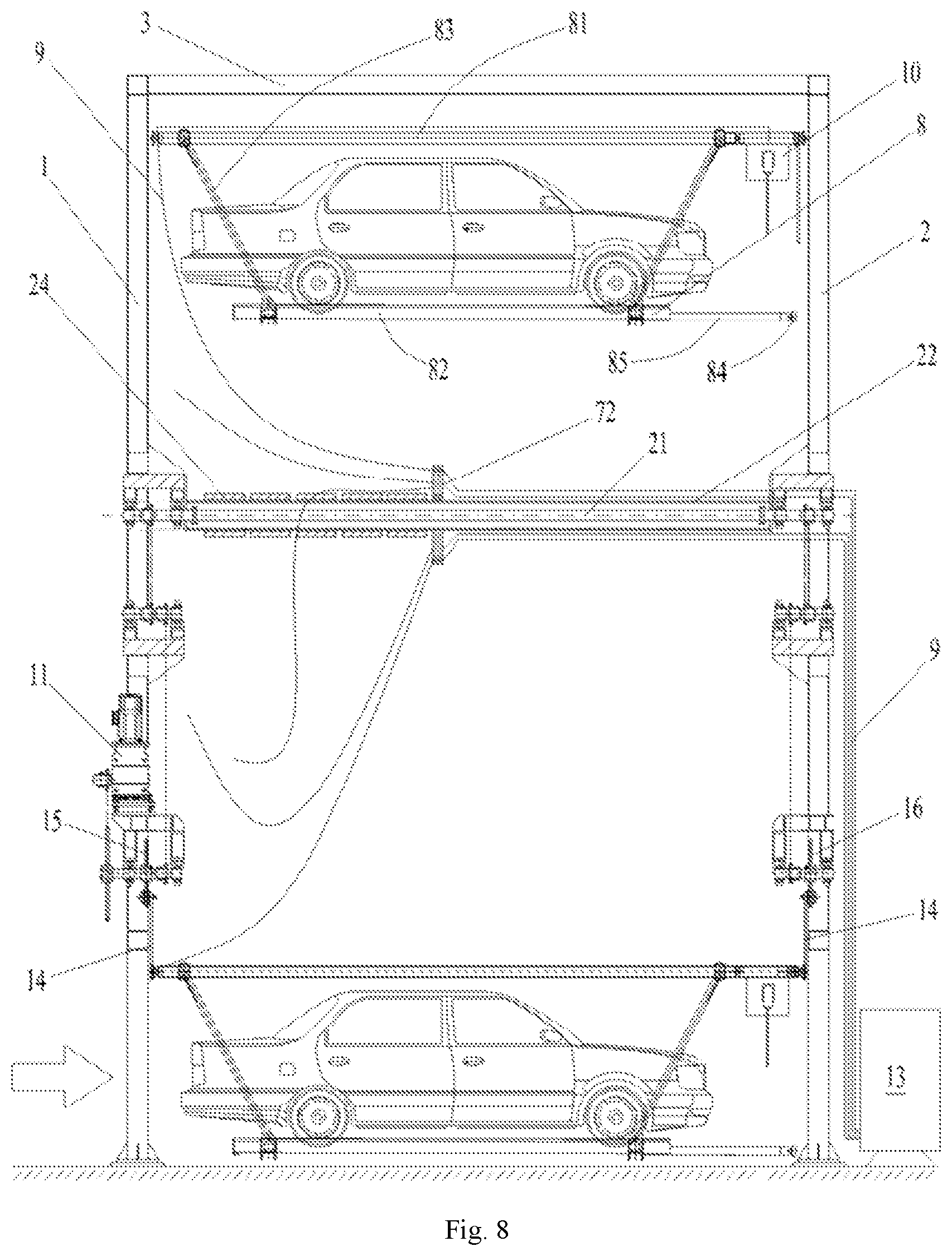 Patent US12480326 Figure 7 – Vertical circulating stereo garage