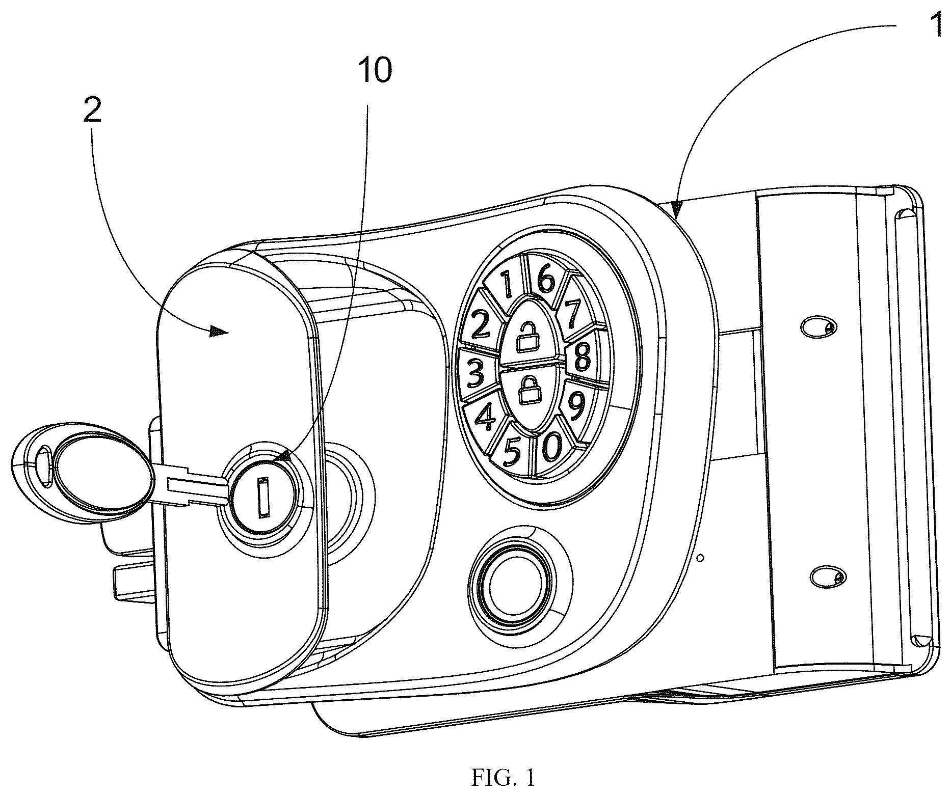 Patent US12480330 Figure 1 – Door lock of recreational vehicle with locking tongue and safety pin that move synchronously