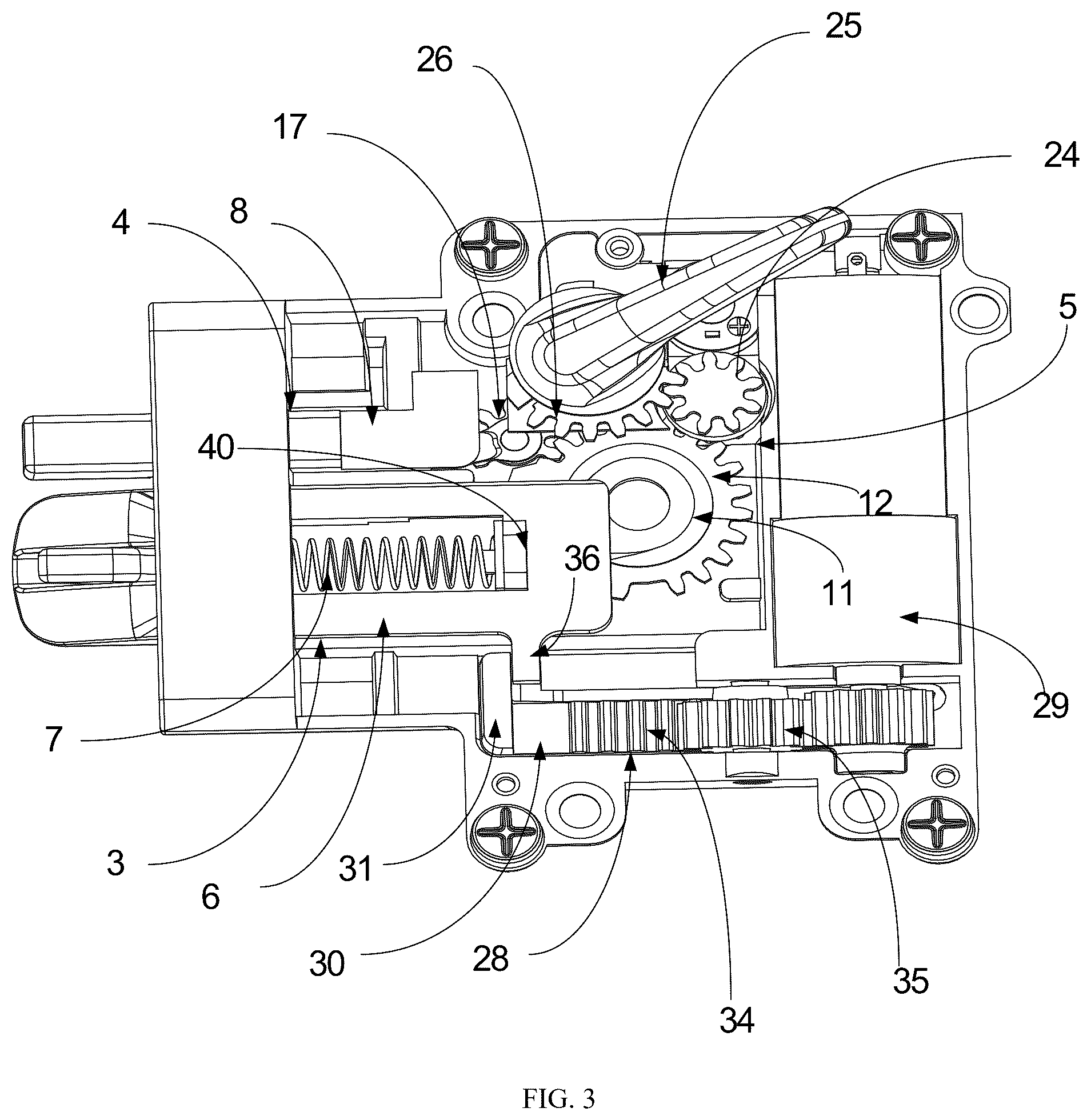 Patent US12480330 Figure 3 – Door lock of recreational vehicle with locking tongue and safety pin that move synchronously