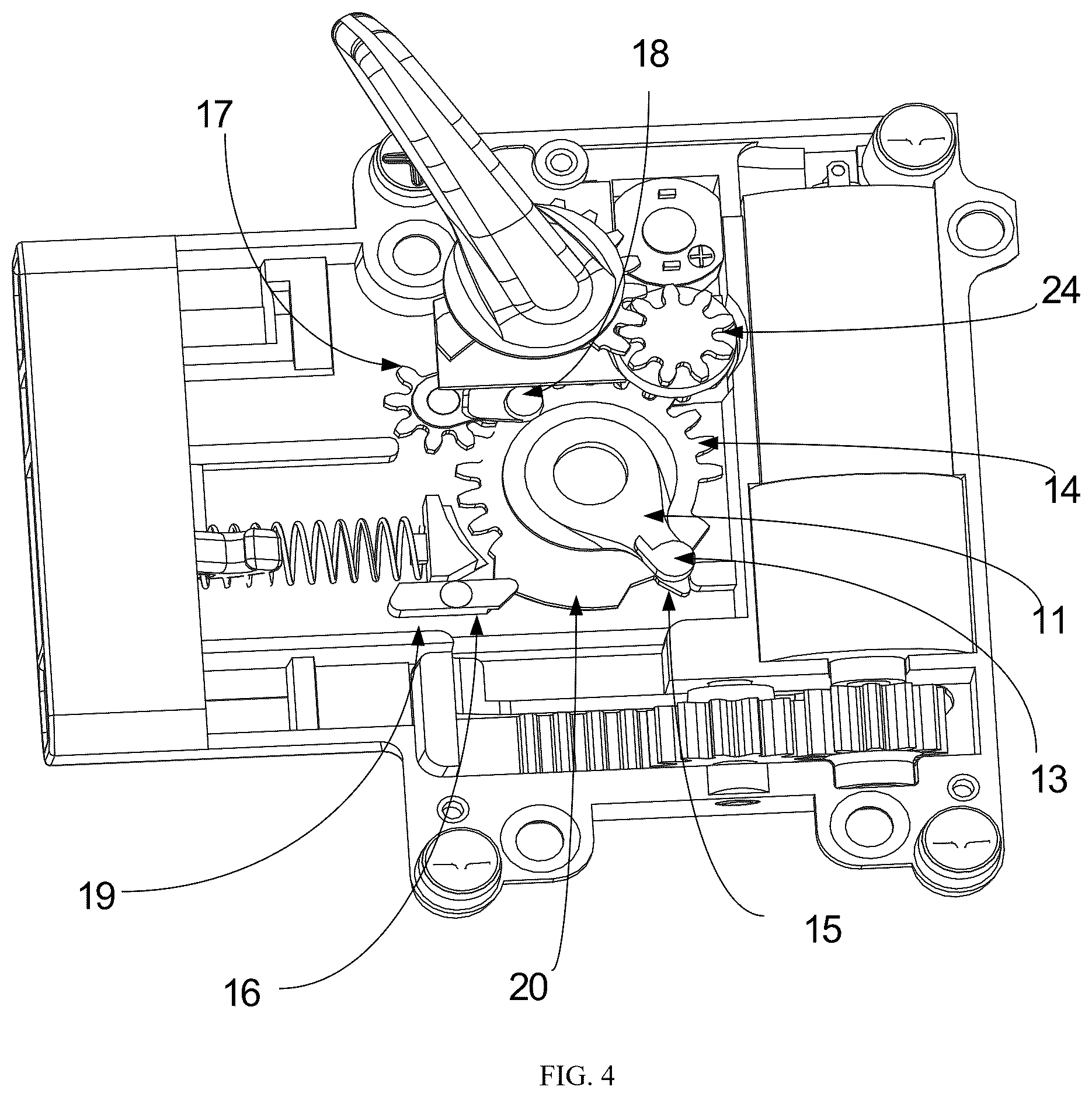 Patent US12480330 Figure 4 – Door lock of recreational vehicle with locking tongue and safety pin that move synchronously