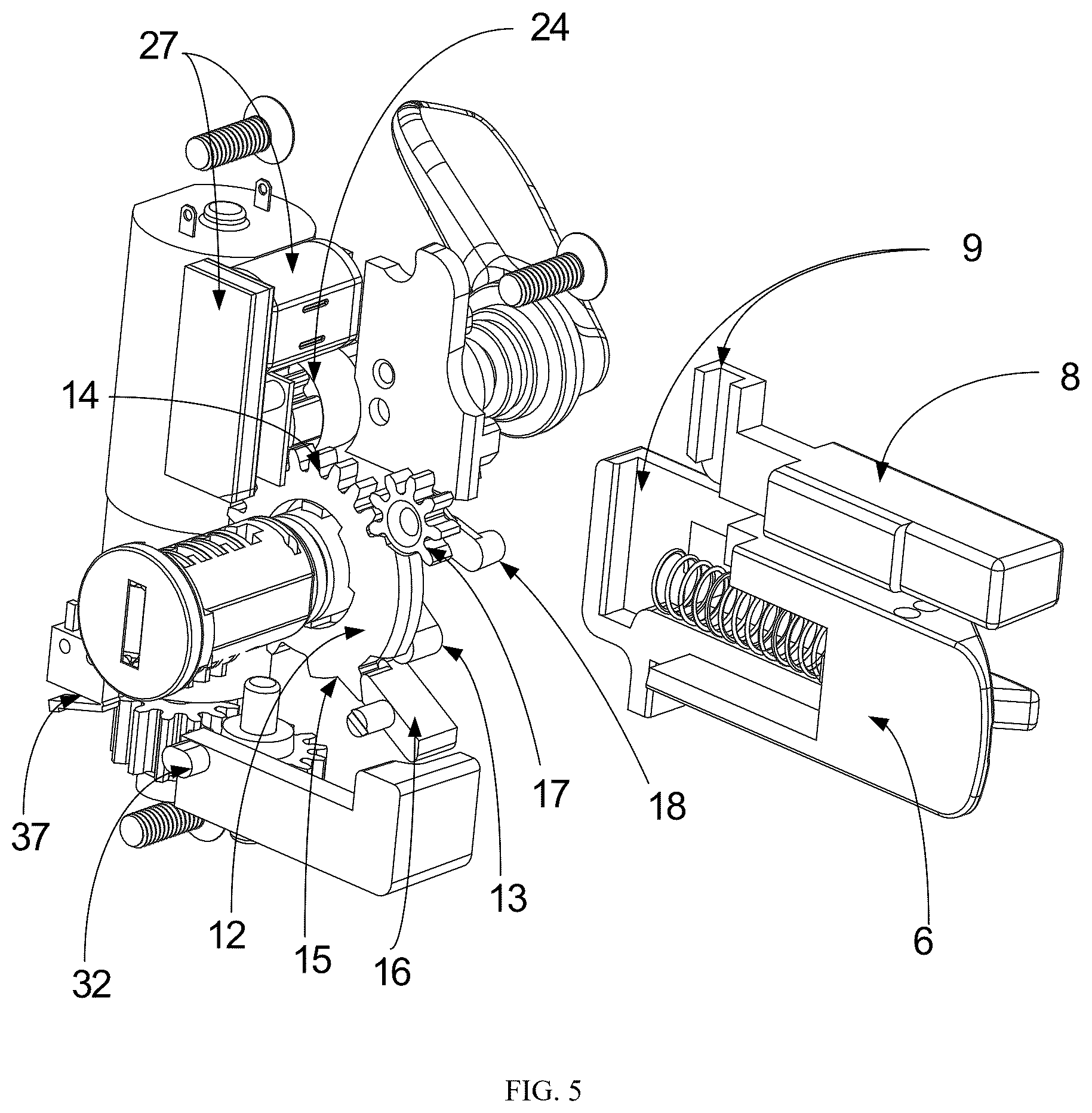 Patent US12480330 Figure 5 – Door lock of recreational vehicle with locking tongue and safety pin that move synchronously