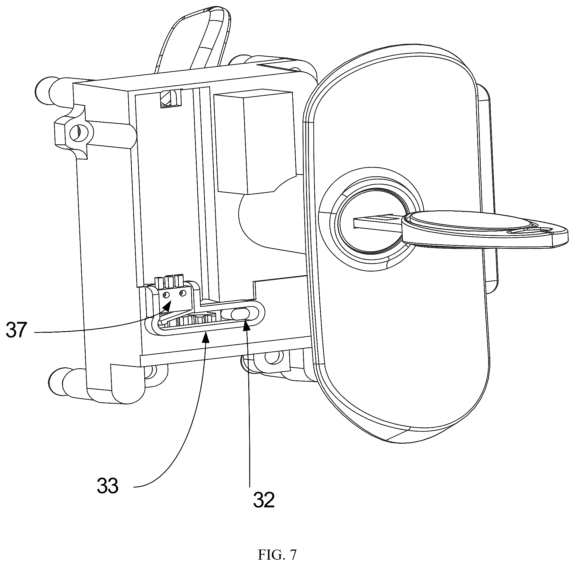 Patent US12480330 Figure 7 – Door lock of recreational vehicle with locking tongue and safety pin that move synchronously