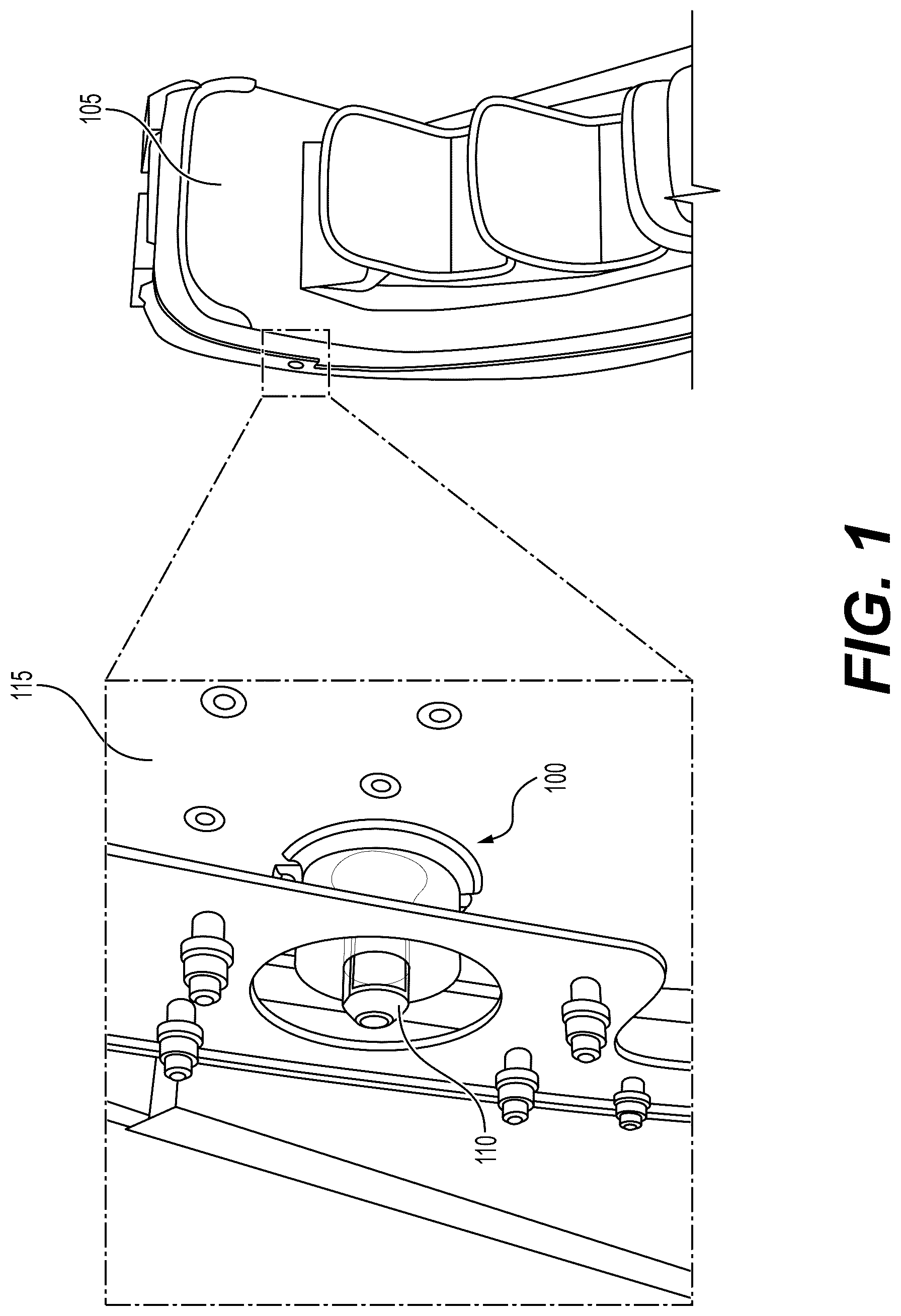 Patent US12480331 Figure 1 – Shear pin latch receptacle assembly for aircraft doors
