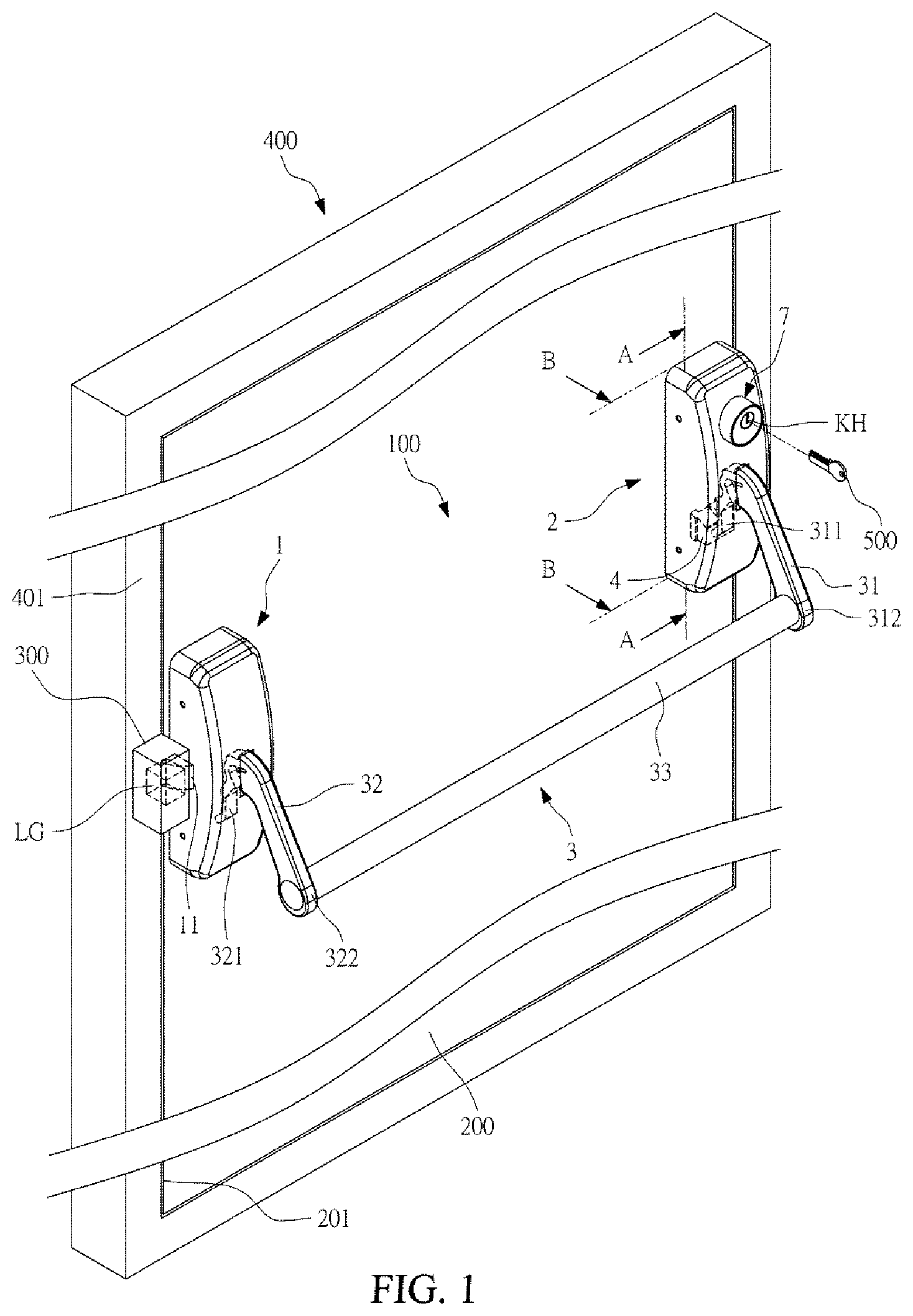 Patent US12480336 Figure 1 – Delayed unlocking push-down type emergency door-locking device