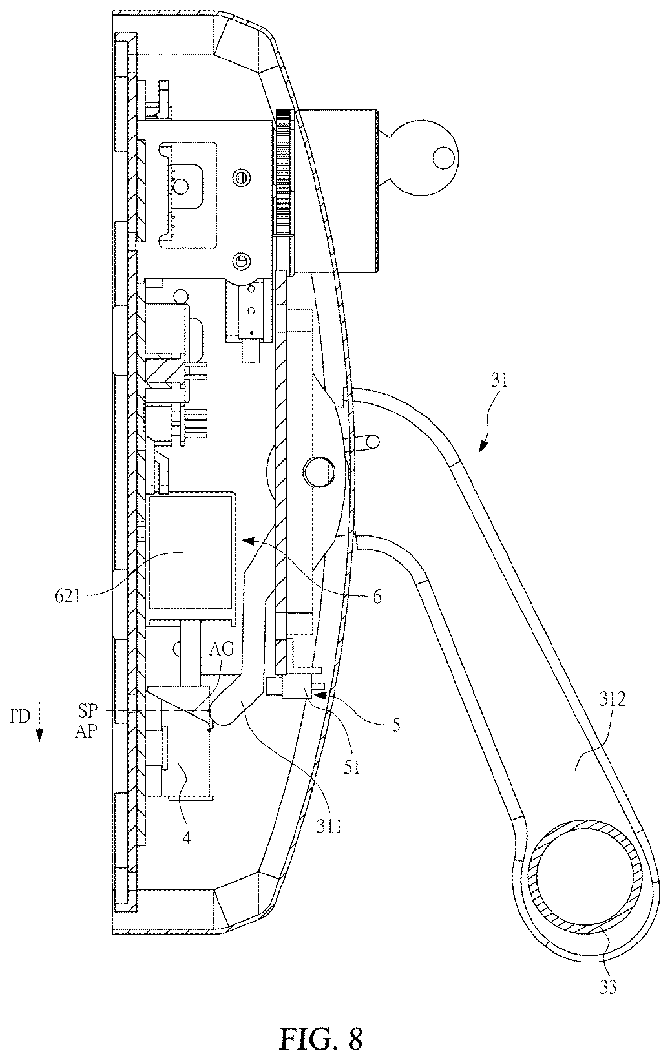 Patent US12480336 Figure 8 – Delayed unlocking push-down type emergency door-locking device