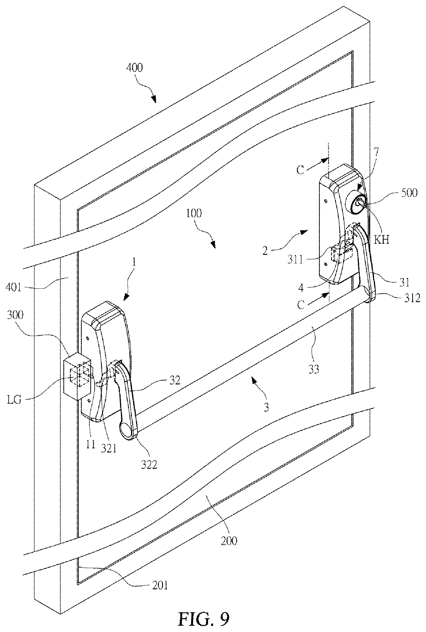 Patent US12480336 Figure 9 – Delayed unlocking push-down type emergency door-locking device