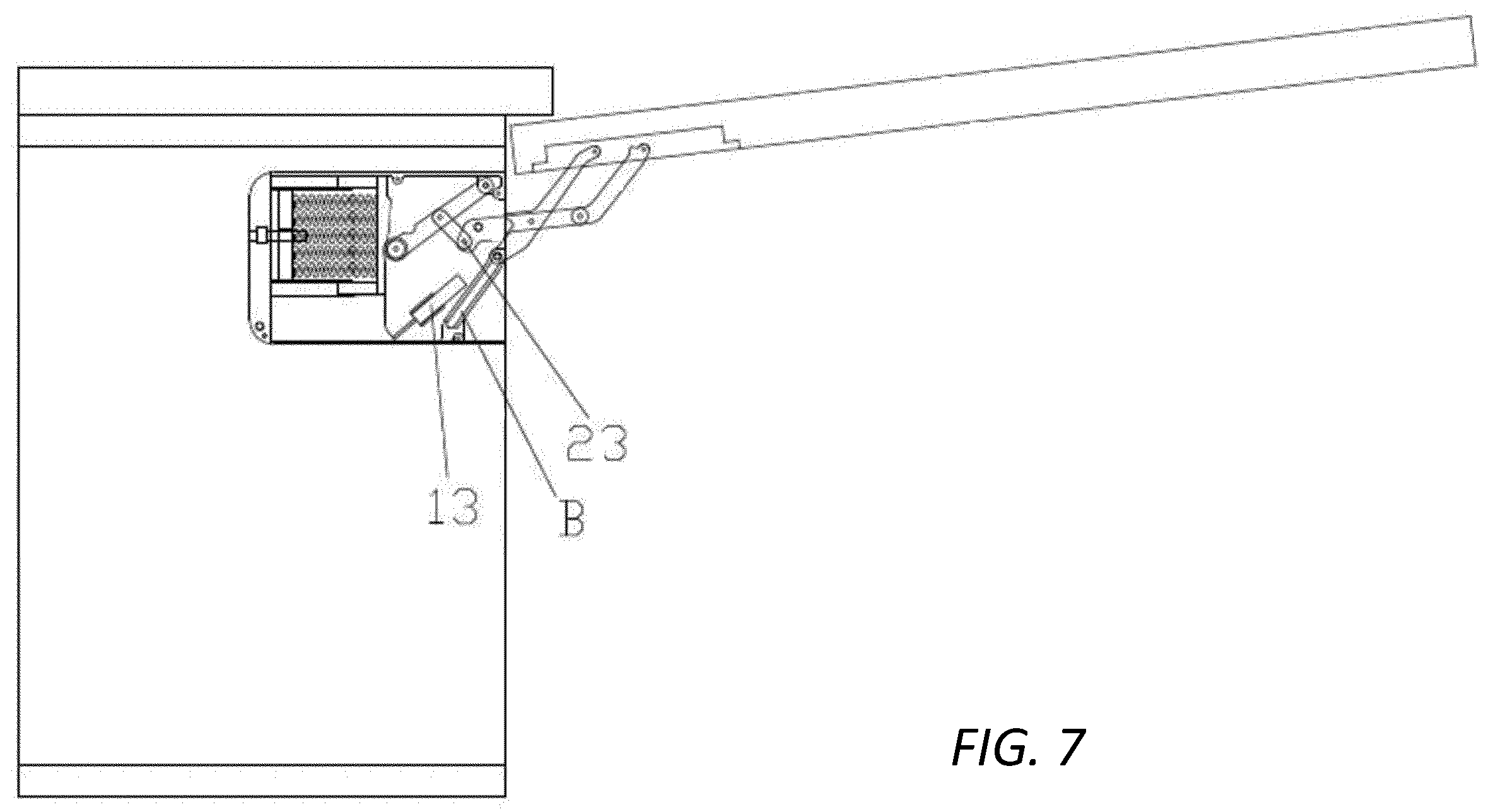 Patent US12480347 Figure 7 – Mechanism of movement of an upward-tilting door