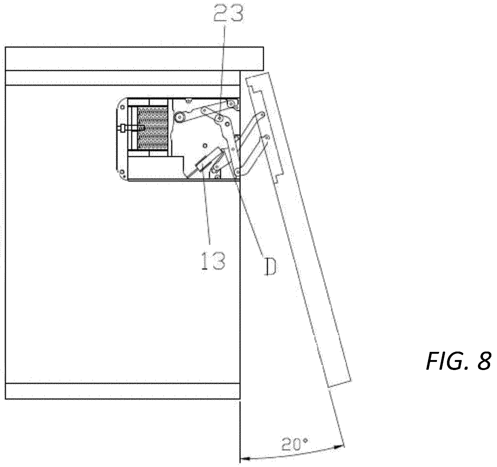 Patent US12480347 Figure 9 – Mechanism of movement of an upward-tilting door