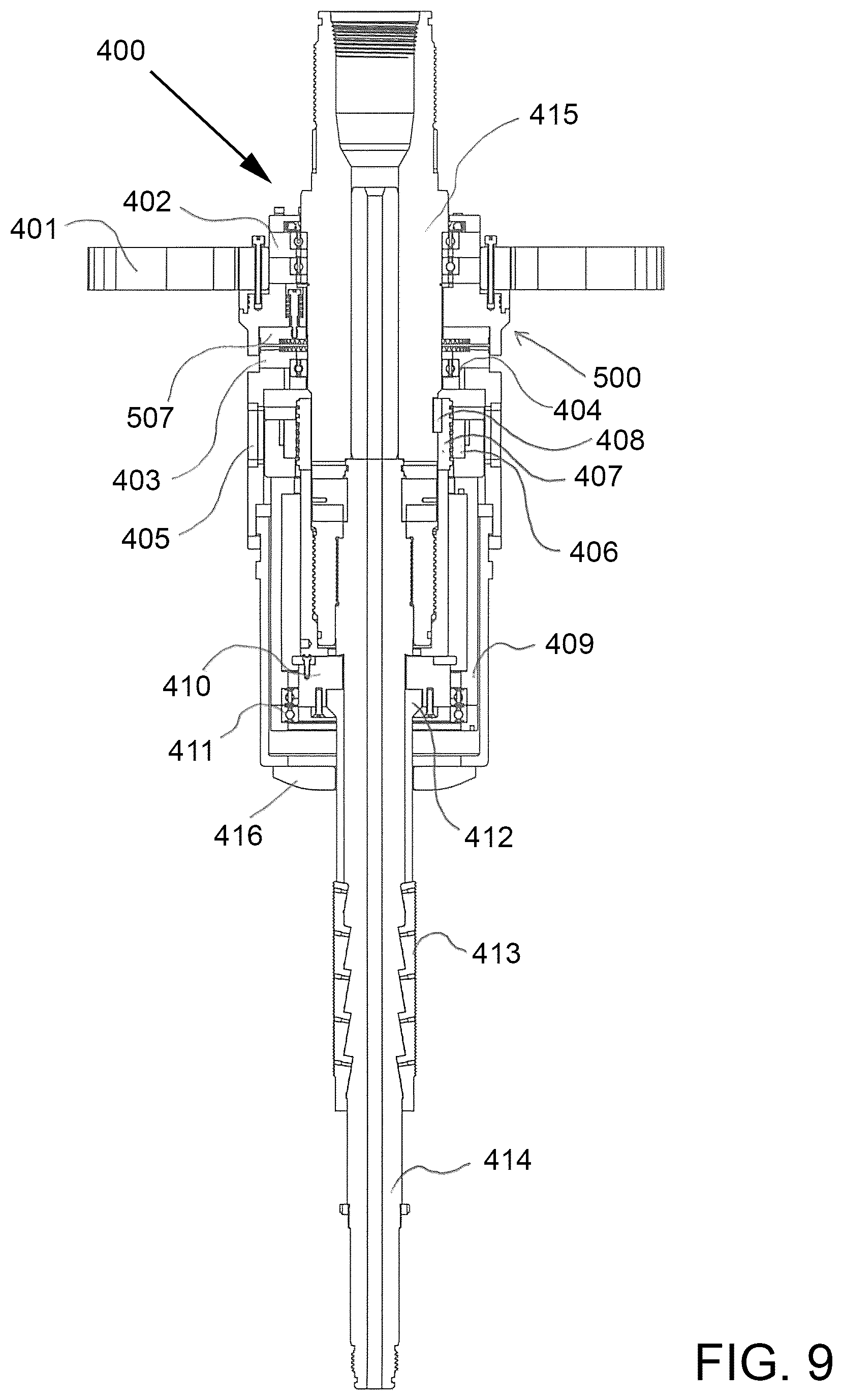 Patent US12480368 Figure 9 – Mechanically actuated tubular drilling, reaming and running tool with slip set control