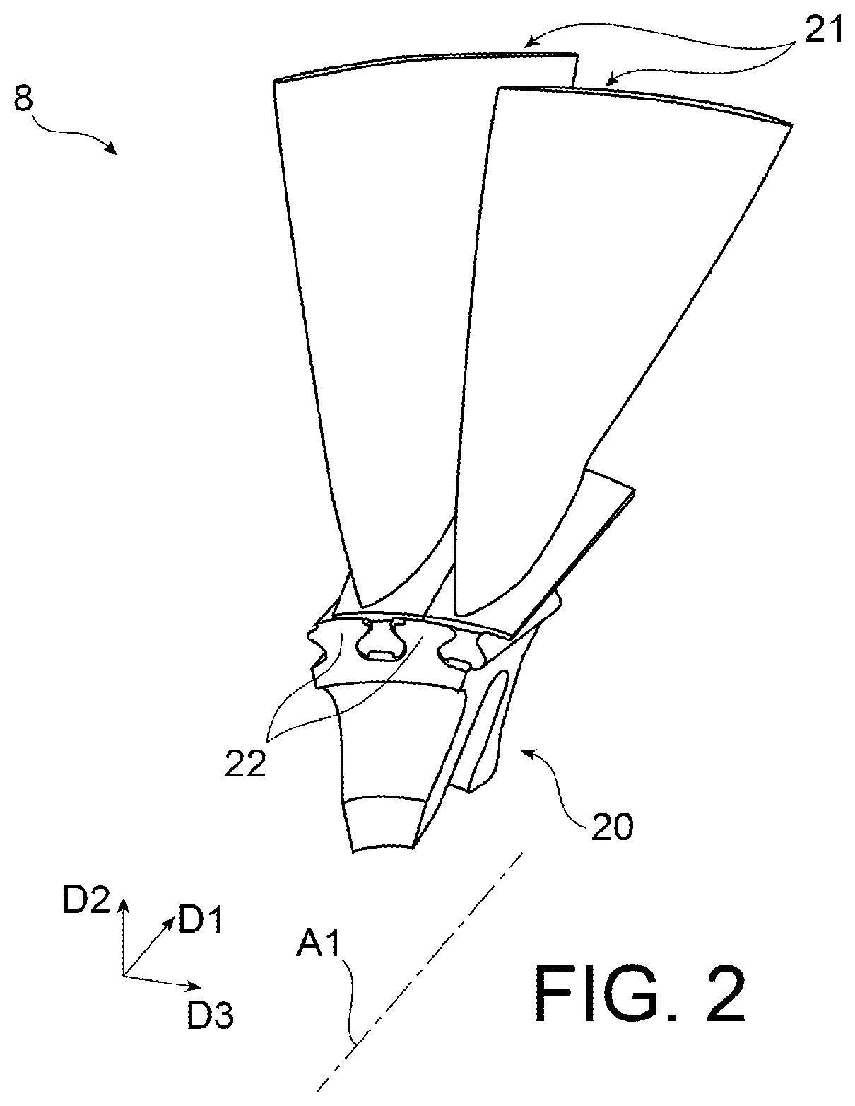 Patent US12480410 Figure 2 – Damping device for a rotor wheel of an aircraft turbine engine, rotor wheel for an aircraft turbine engine, turbine engine for an aircraft, and method for manufacturing a damping device