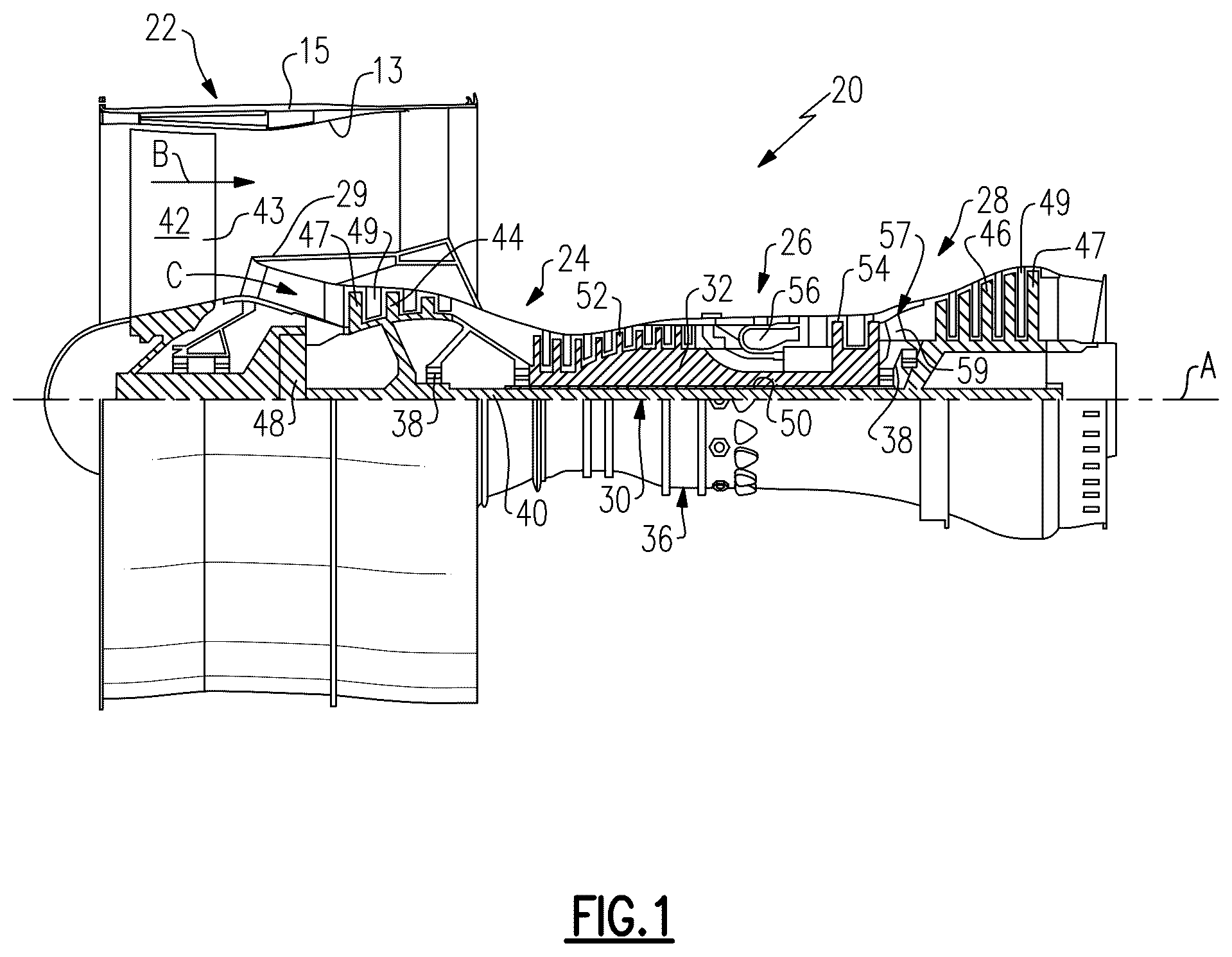 Patent US12480418 Figure 1 – Seal assembly for gas turbine engines