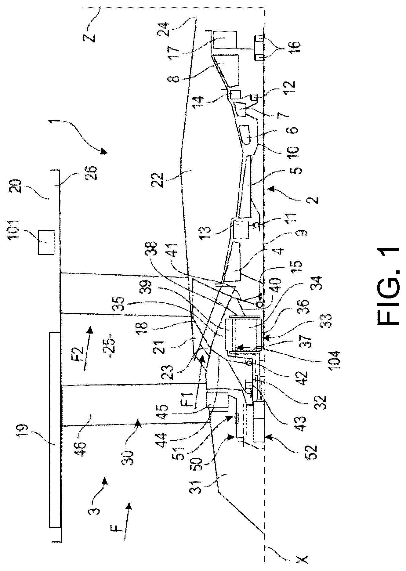 Patent US12480427 Figure 1 – Turbomachine module equipped with variable pitch vanes and an annular interface shroud