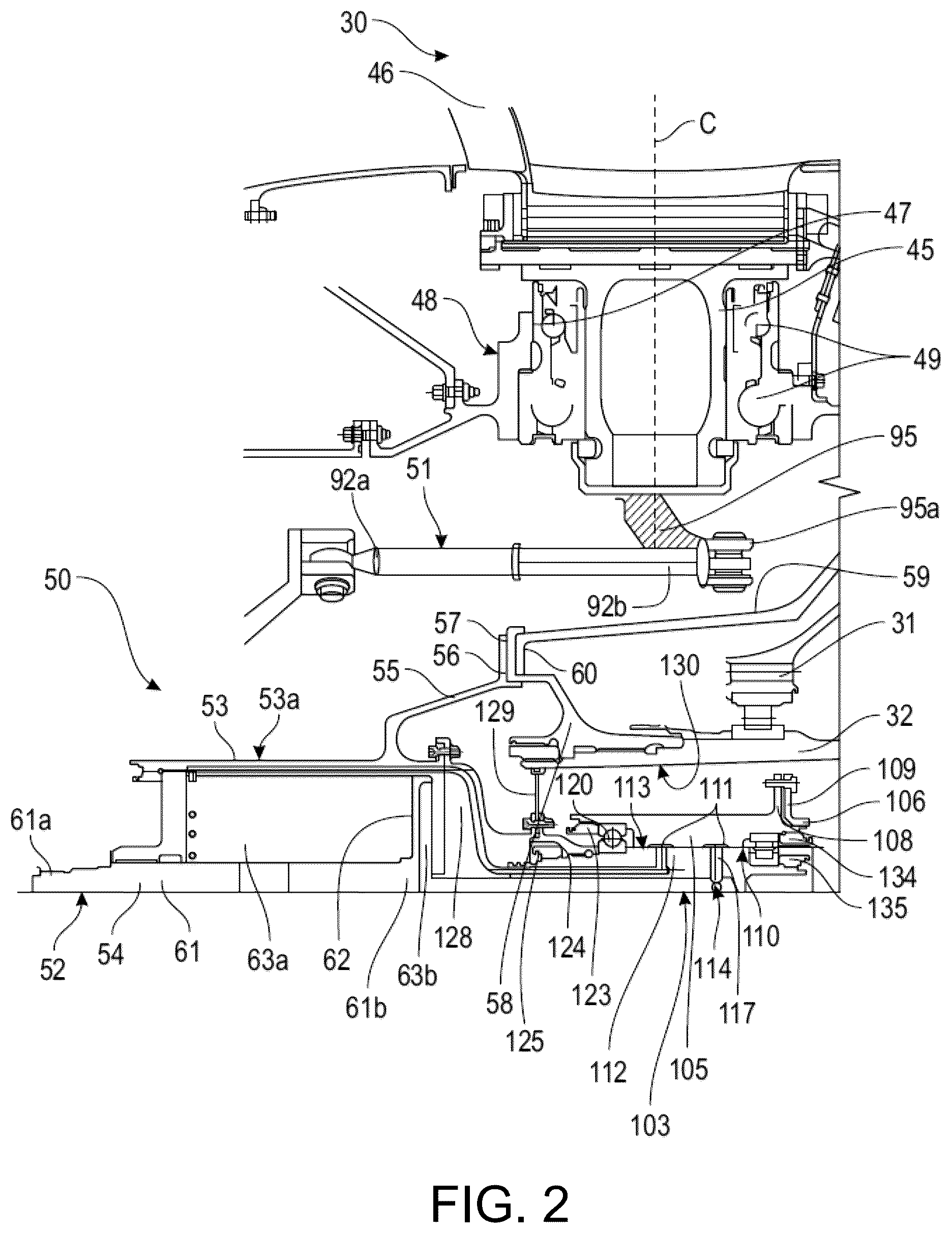 Patent US12480427 Figure 2 – Turbomachine module equipped with variable pitch vanes and an annular interface shroud