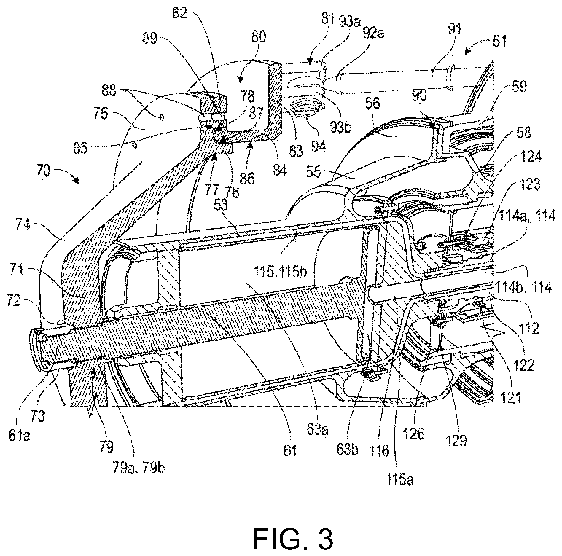 Patent US12480427 Figure 3 – Turbomachine module equipped with variable pitch vanes and an annular interface shroud