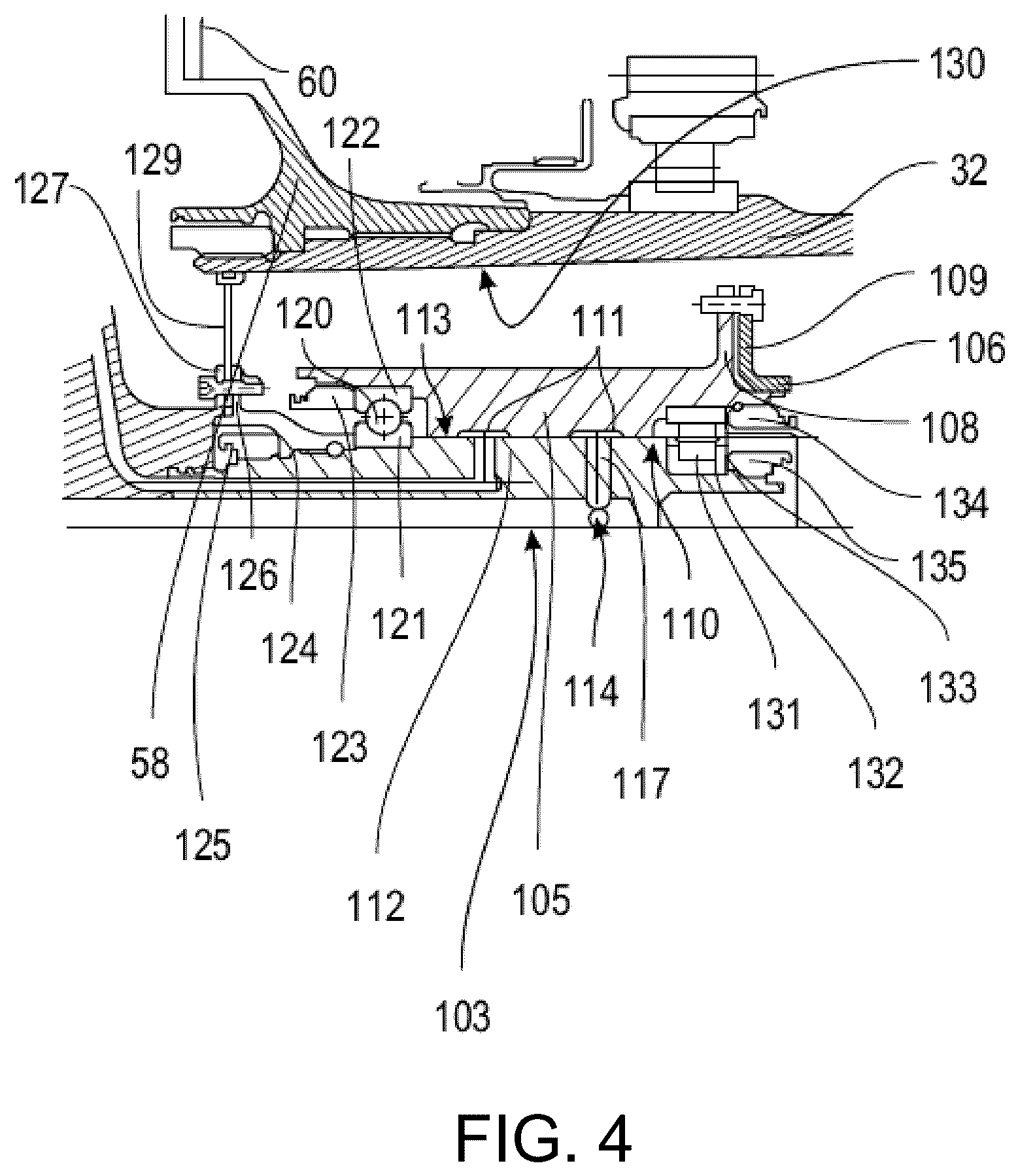 Patent US12480427 Figure 4 – Turbomachine module equipped with variable pitch vanes and an annular interface shroud