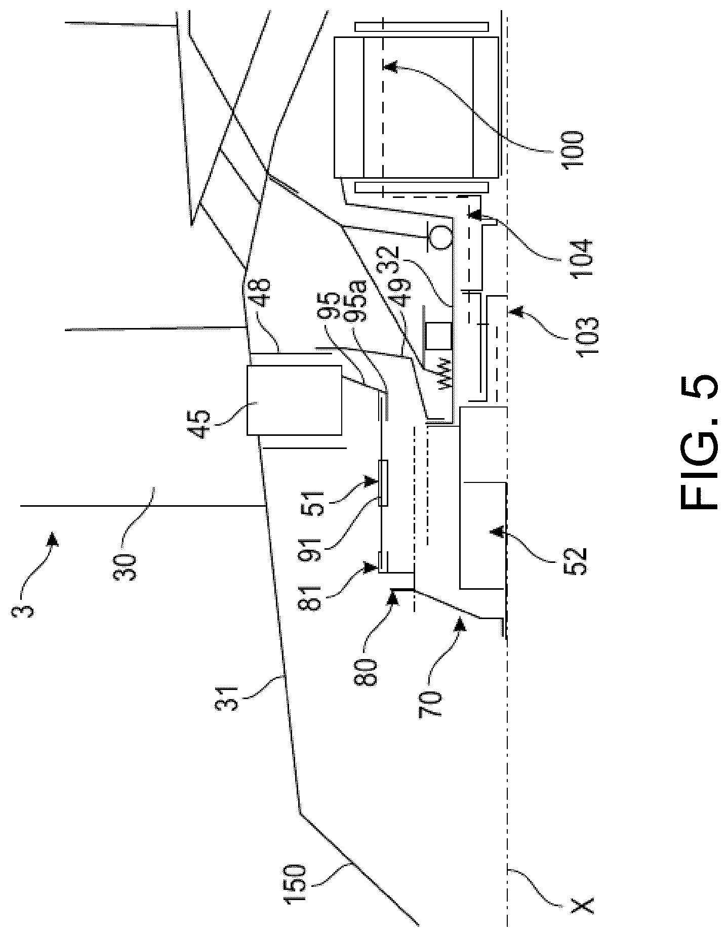 Patent US12480427 Figure 5 – Turbomachine module equipped with variable pitch vanes and an annular interface shroud