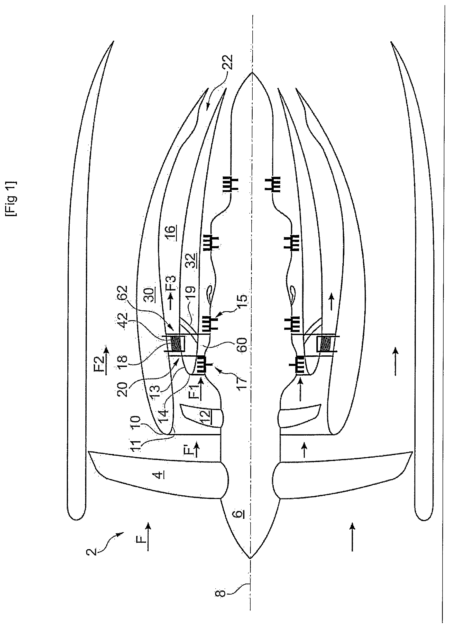 Patent US12480440 Figure 1 – Triple-flow axial turbomachine comprising a diverging heat exchanger in the third flow