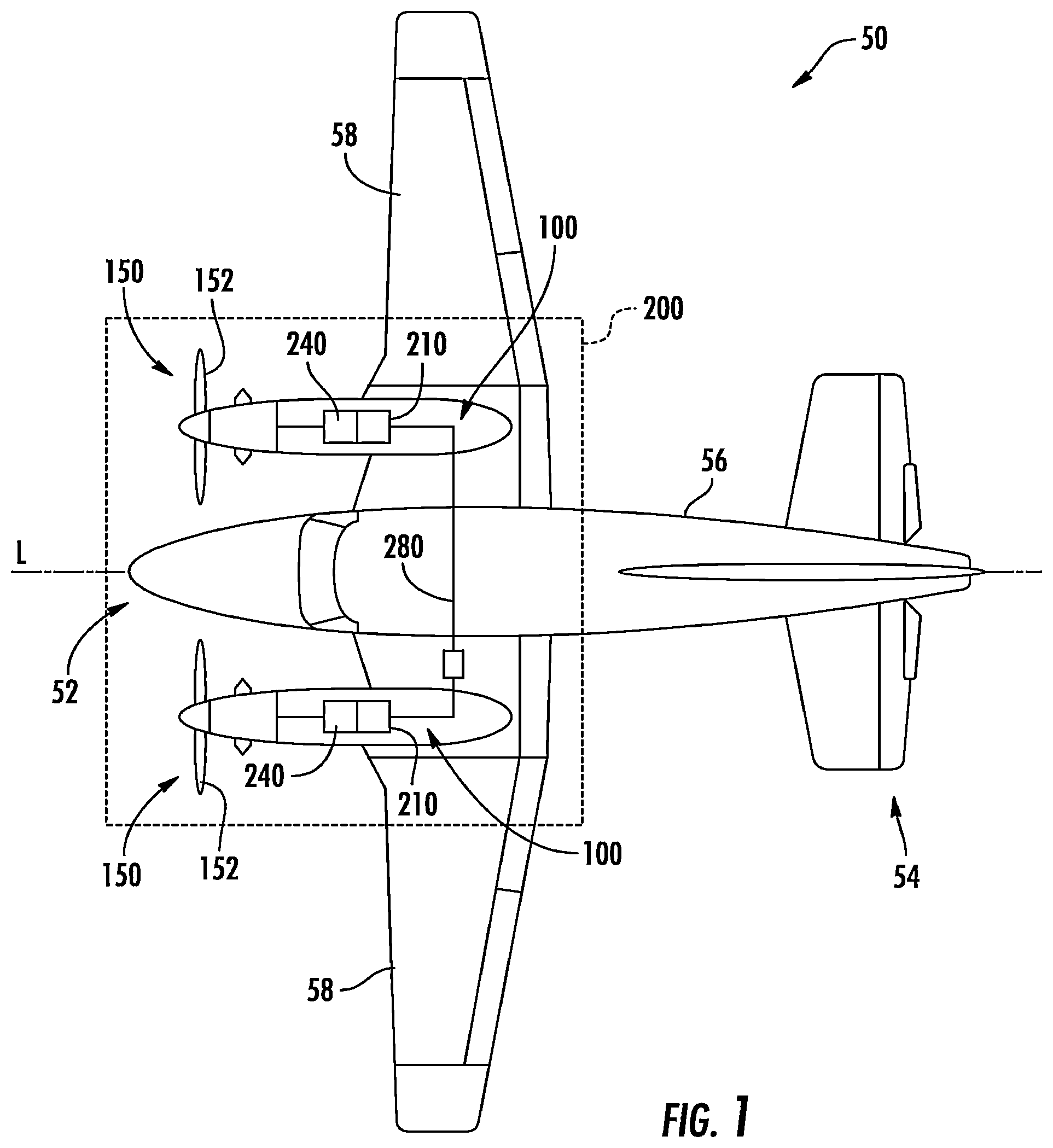 Patent US12480449 Figure 1 – Propulsion system including an electric machine for starting a gas turbine engine