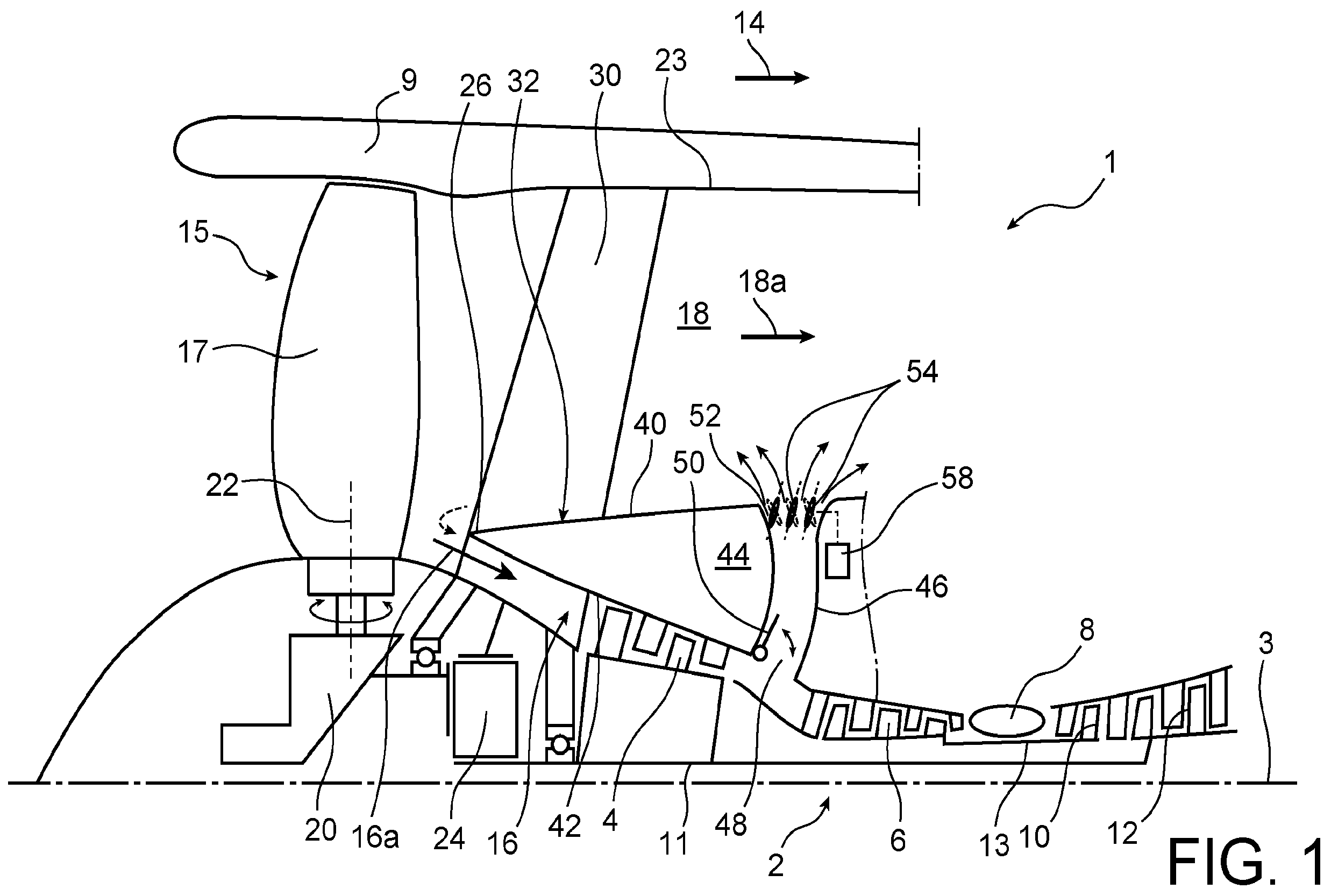 Patent US12480452 Figure 1 – Aircraft dual-flow turbine engine assembly, the assembly being equipped with incidence-controlled air discharge fins