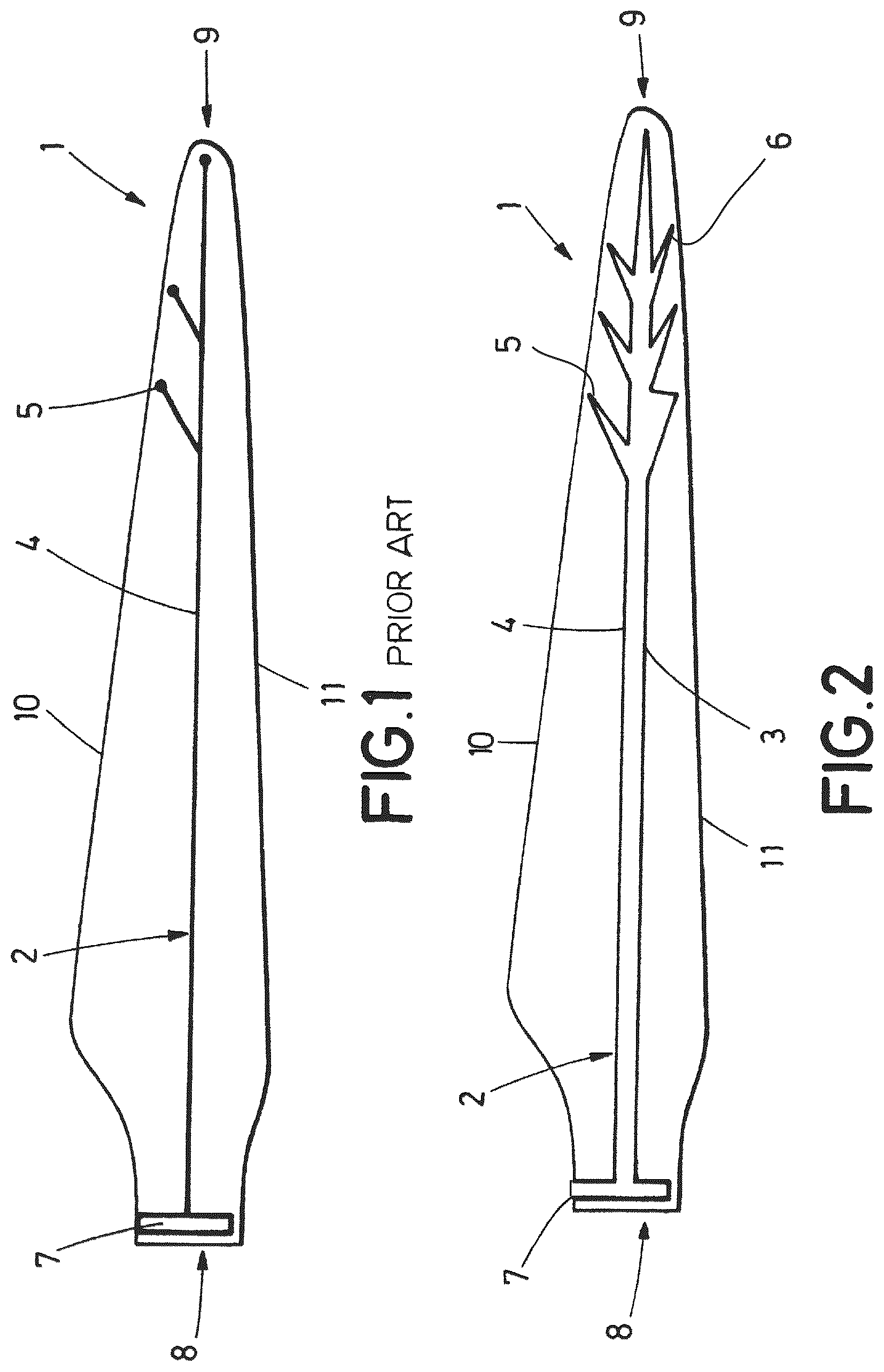 Patent US12480466 Figure 1 – Blade for a rotor of a wind turbine comprising internally a continous cable arrangement intended to measure conductivity