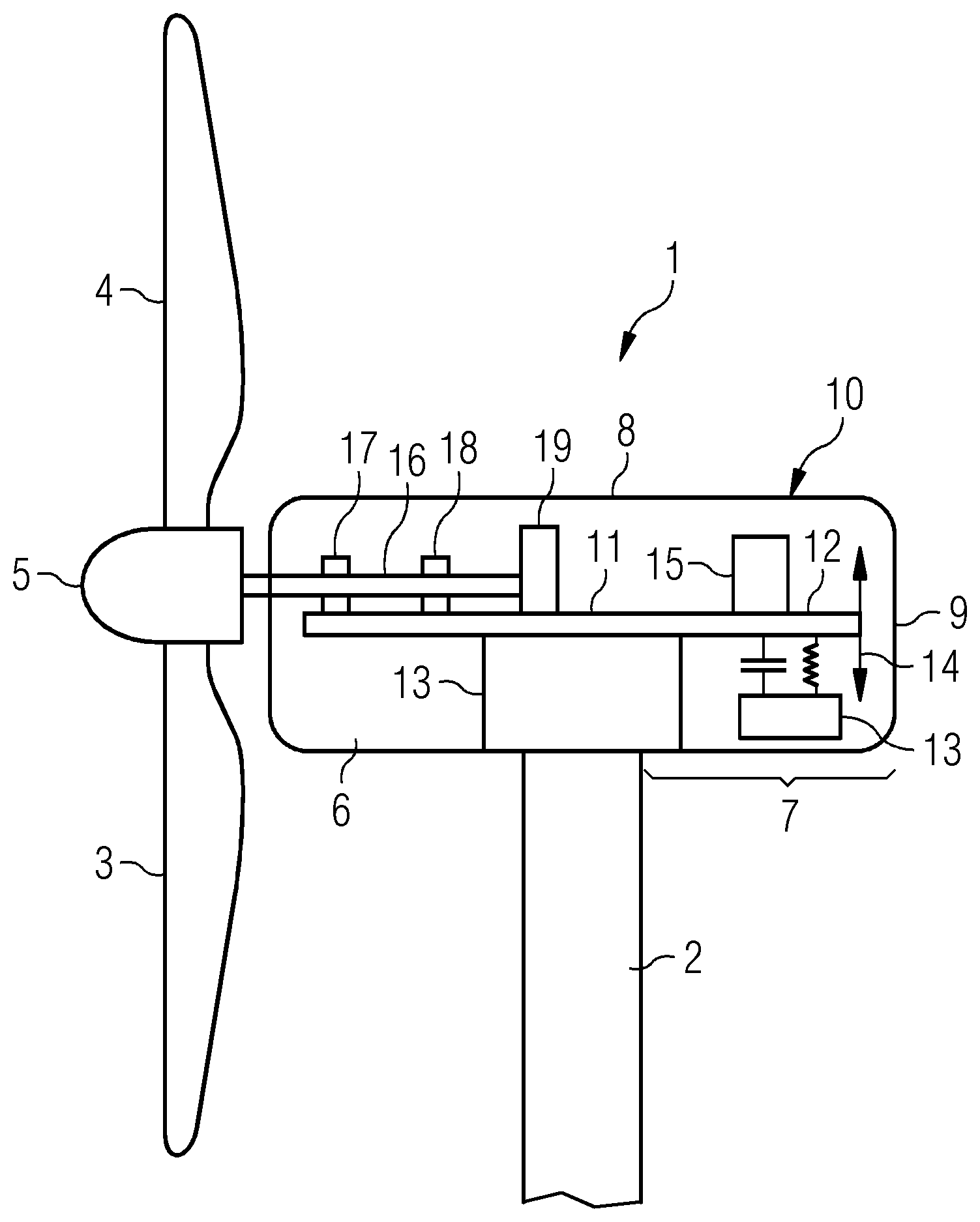 Patent US12480478 Figure 1 – Use of a tuned mass damper in a nacelle for a wind turbine