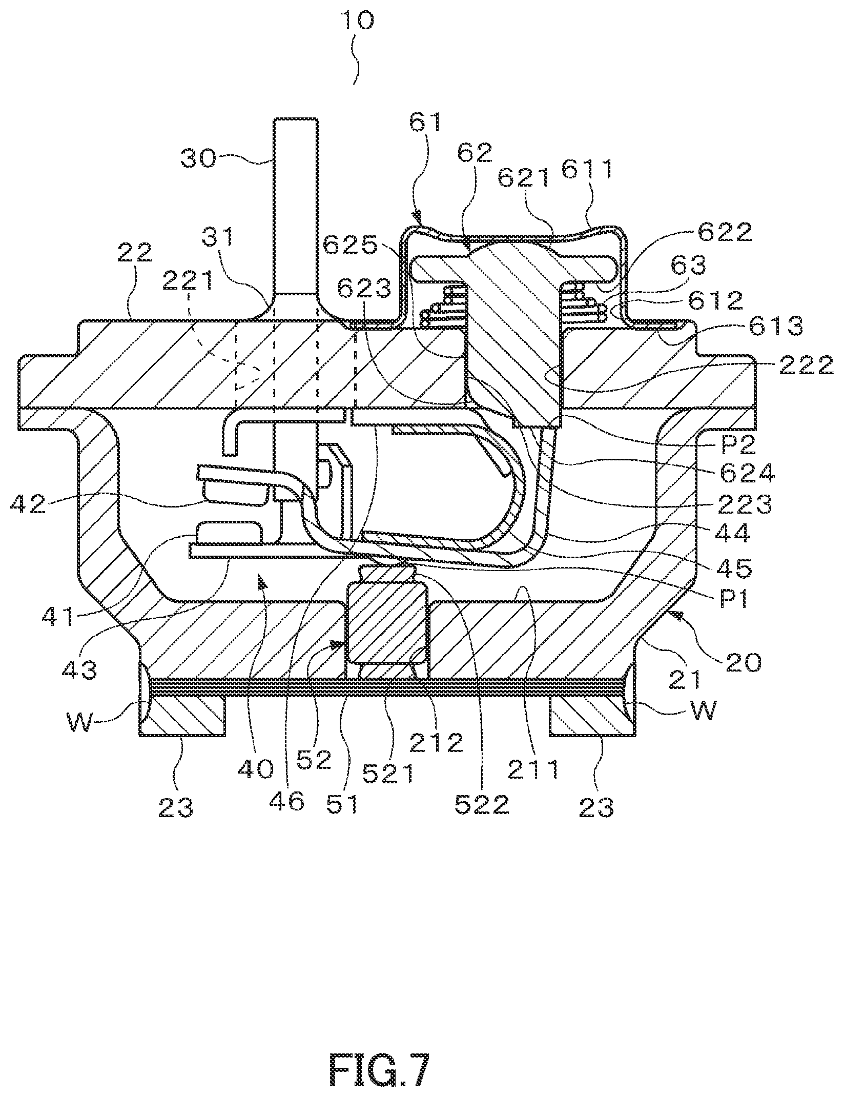 Patent US12480486 Figure 7 – Pressure switch with two pressing members and a hermetic electric compressor arrangement therewith