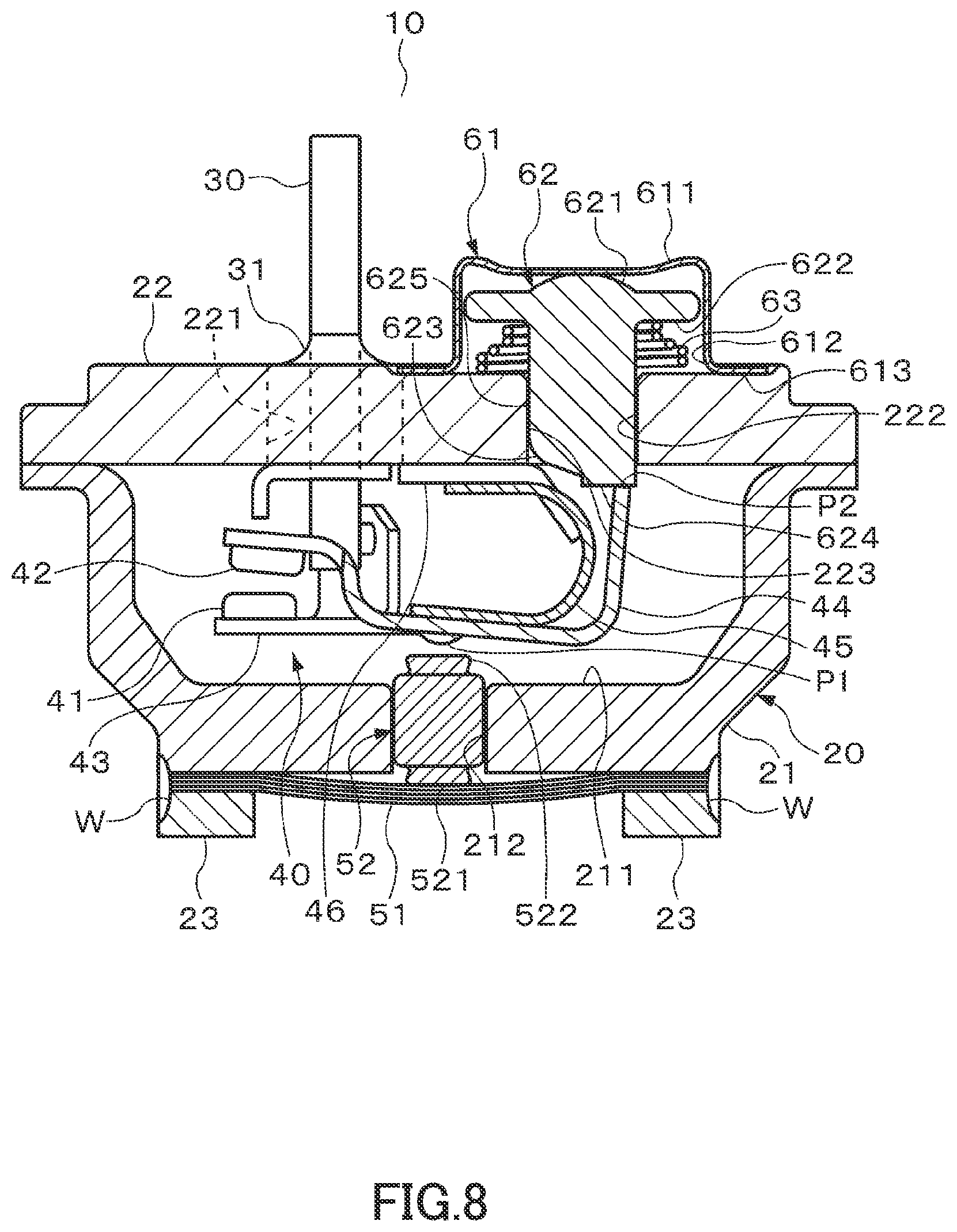 Patent US12480486 Figure 8 – Pressure switch with two pressing members and a hermetic electric compressor arrangement therewith