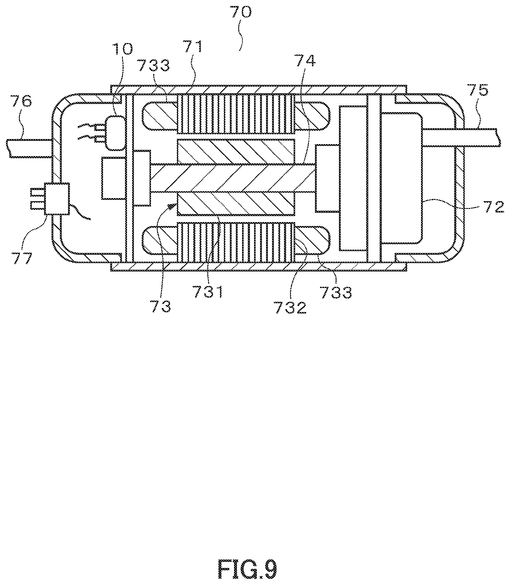 Patent US12480486 Figure 9 – Pressure switch with two pressing members and a hermetic electric compressor arrangement therewith