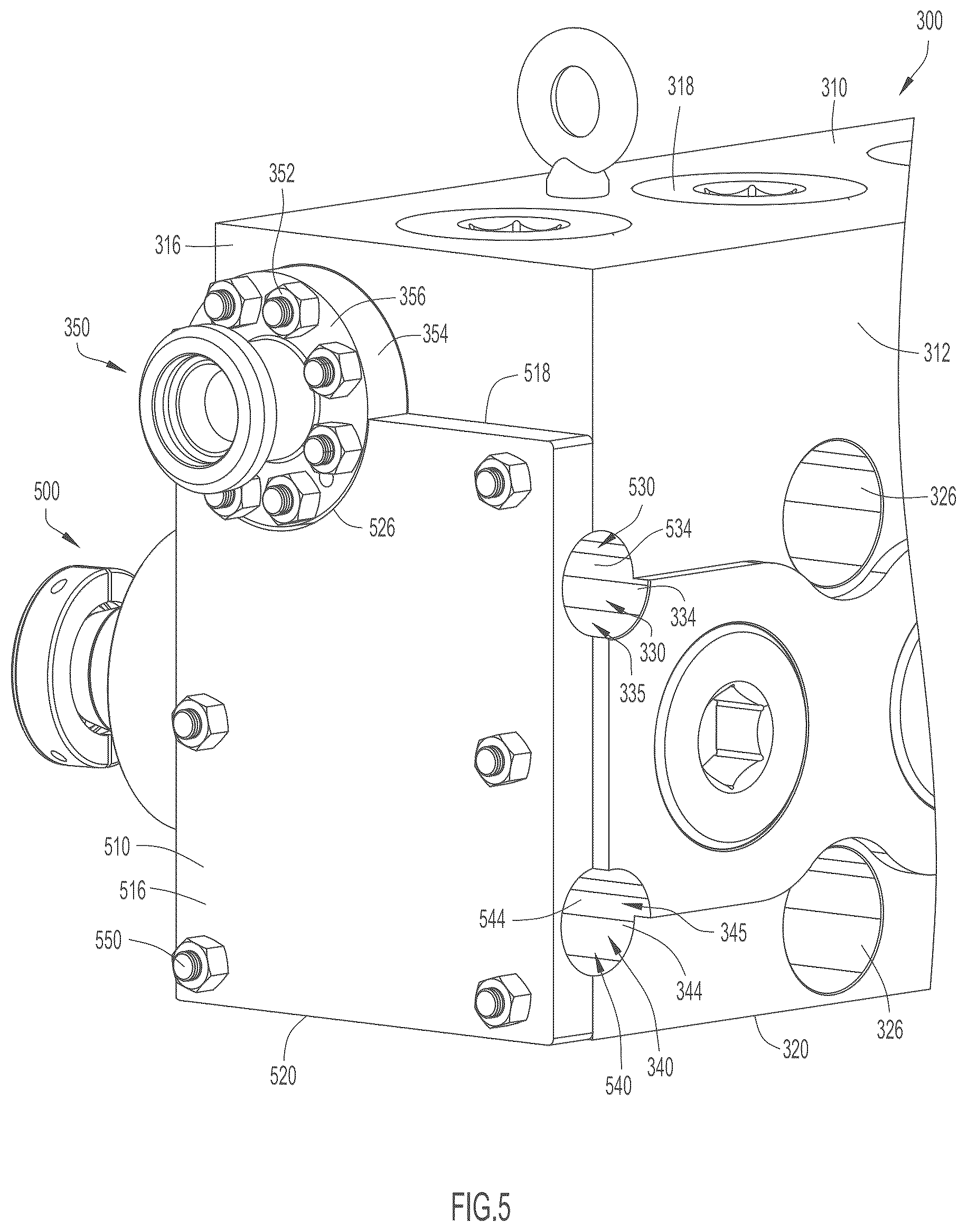 Patent US12480488 Figure 5 – Fluid end with extension plate