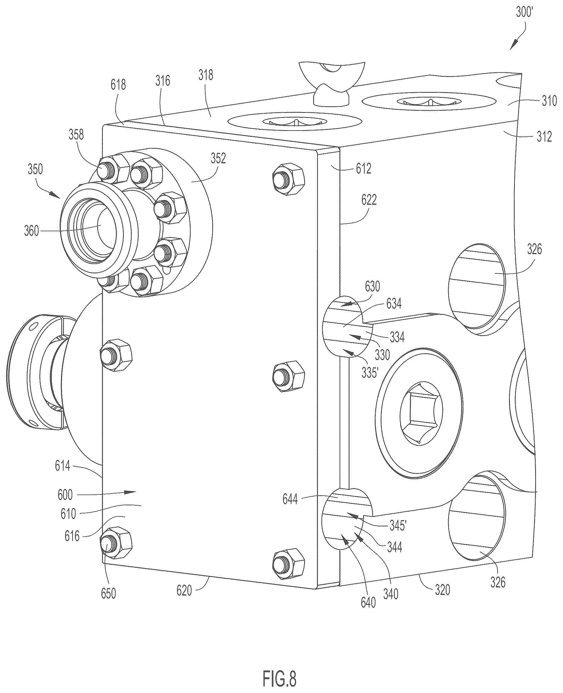 Patent US12480488 Figure 8 – Fluid end with extension plate